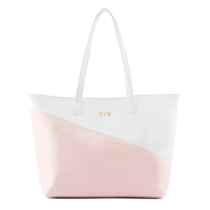 Large Blush Pink White Faux Leather Color Block Tote Bag