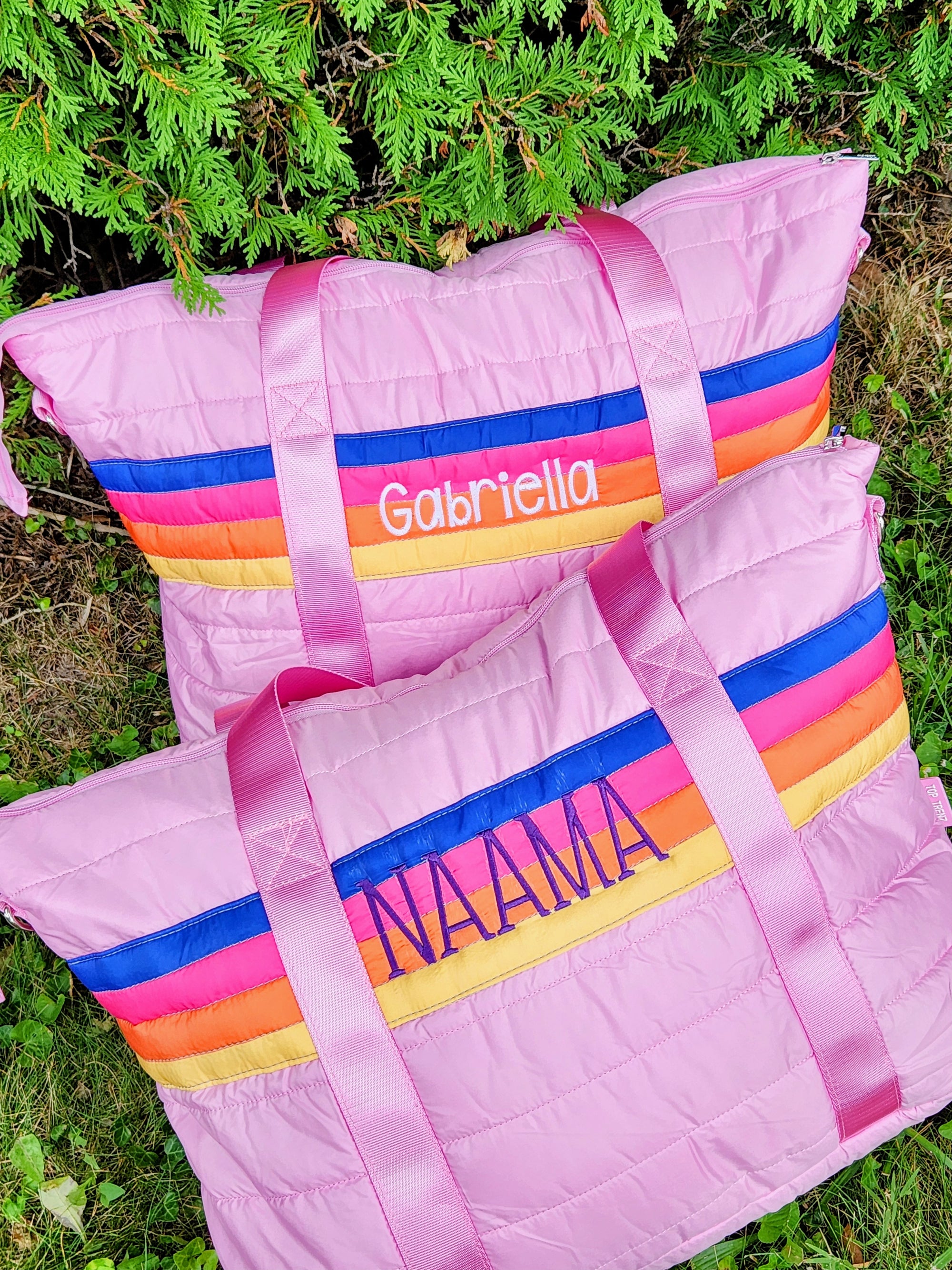 Pink Retro Stripe Puffer Weekender Tote Bag