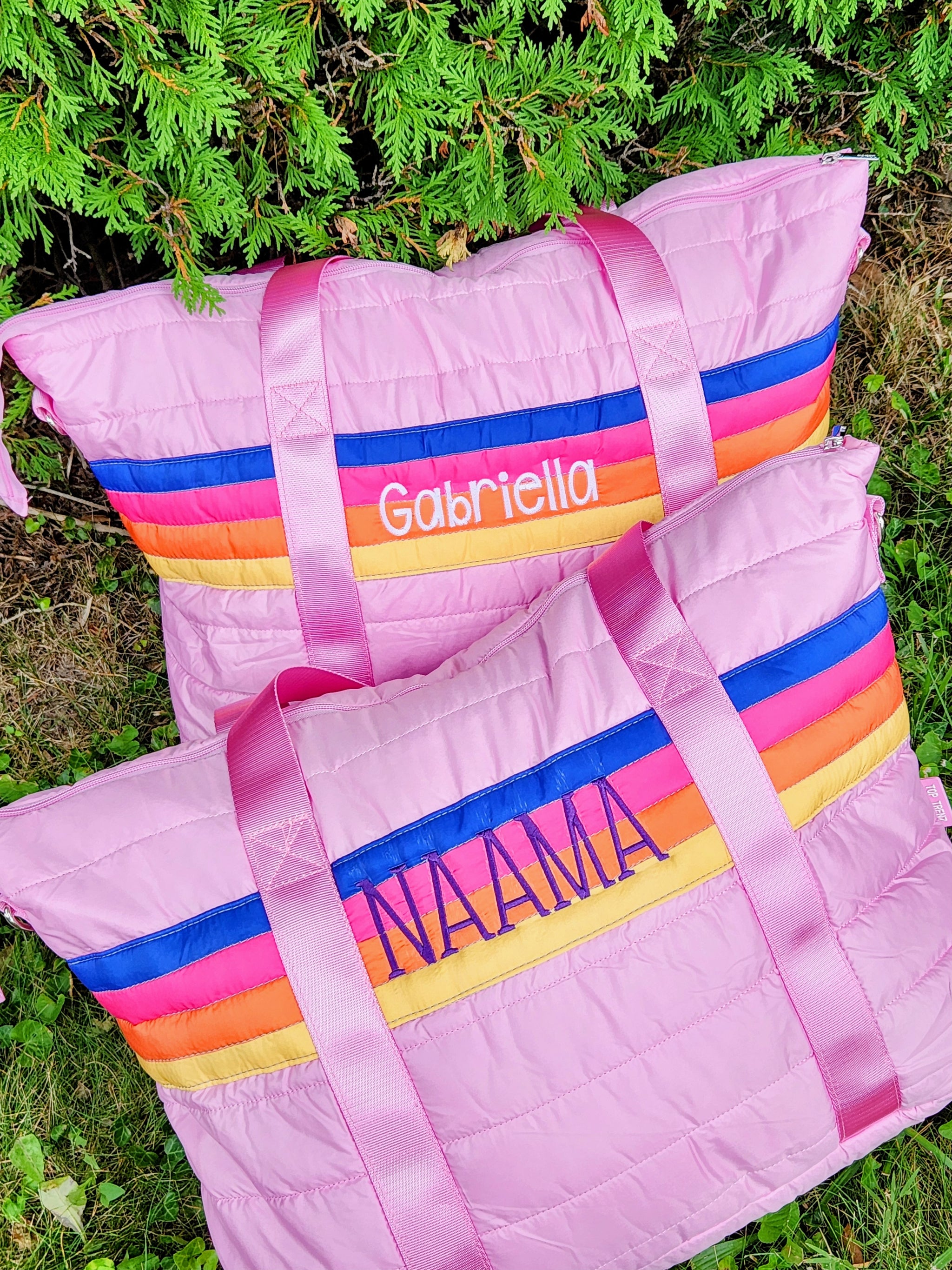 Pink Retro Stripe Puffer Weekender Tote Bag