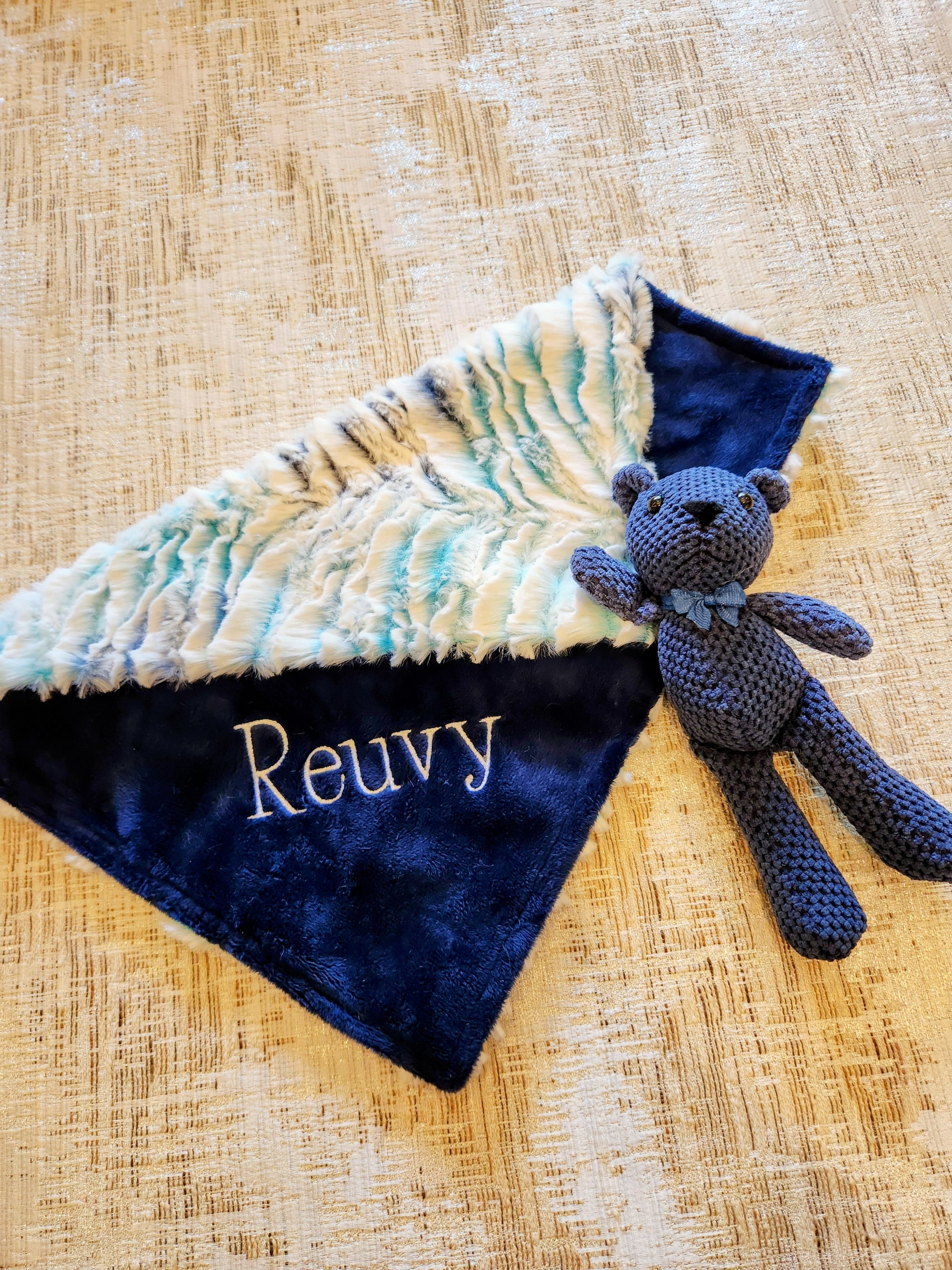 Zebra Aqua and Navy Boys Lovie With Teddy Bear