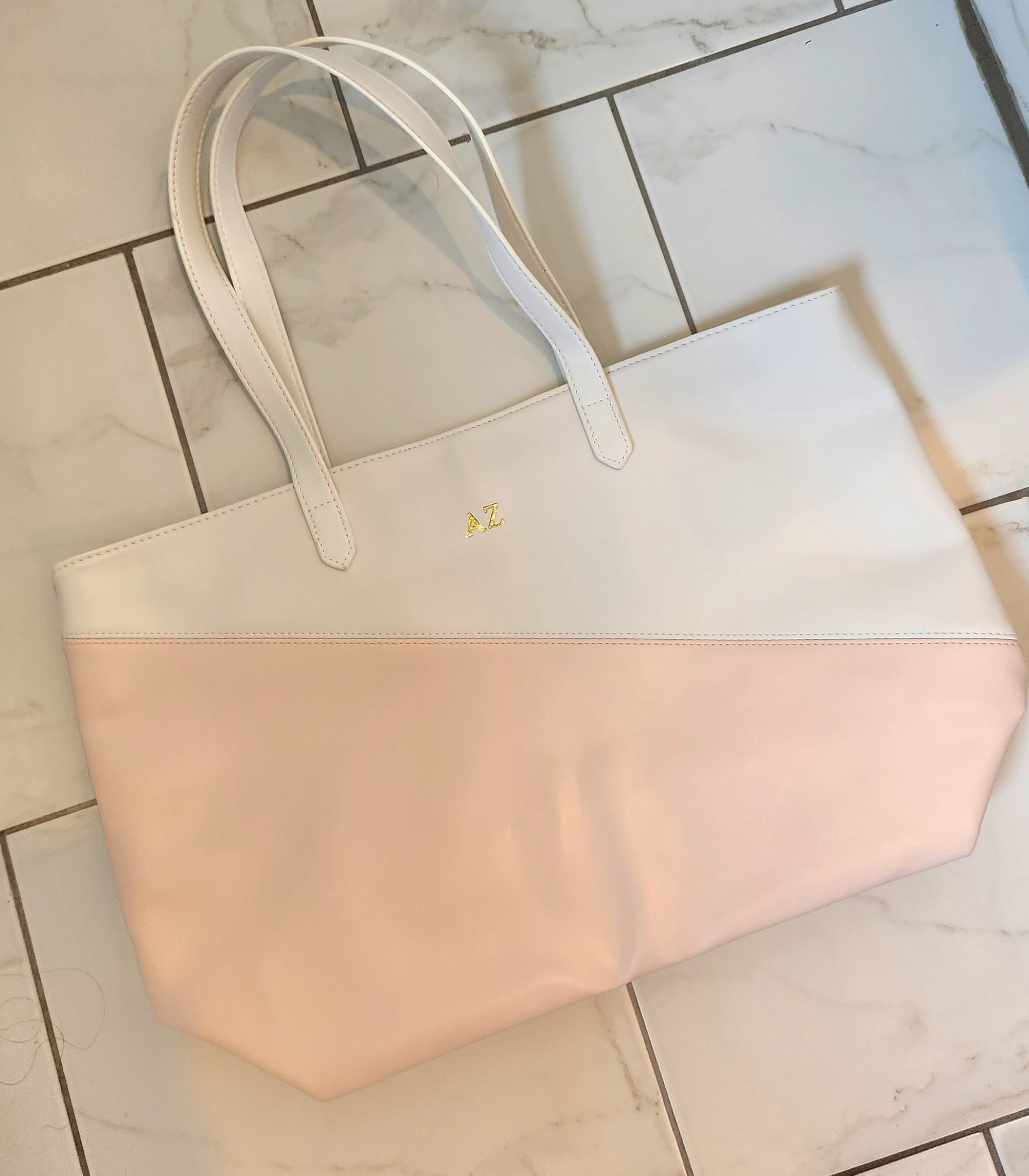 Large Blush Pink & White Faux Leather Color Block Tote Bag