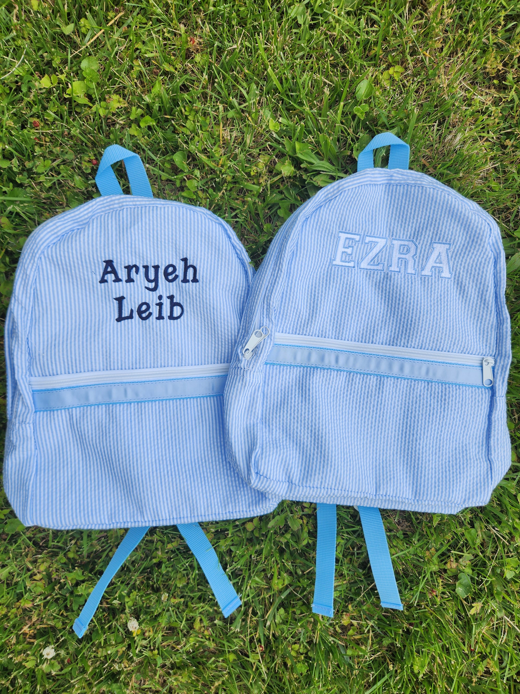 Light Blue Seersucker Backpack