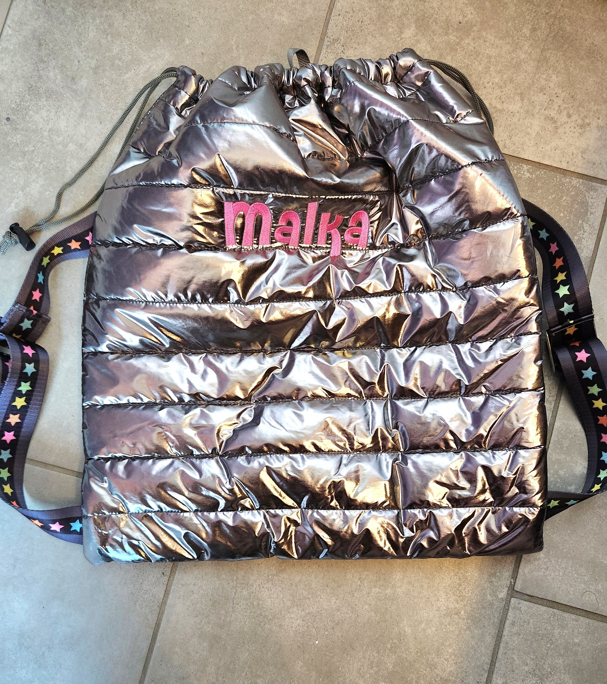 Gunmetal Puffer Sling Bag w/Multi Star Straps