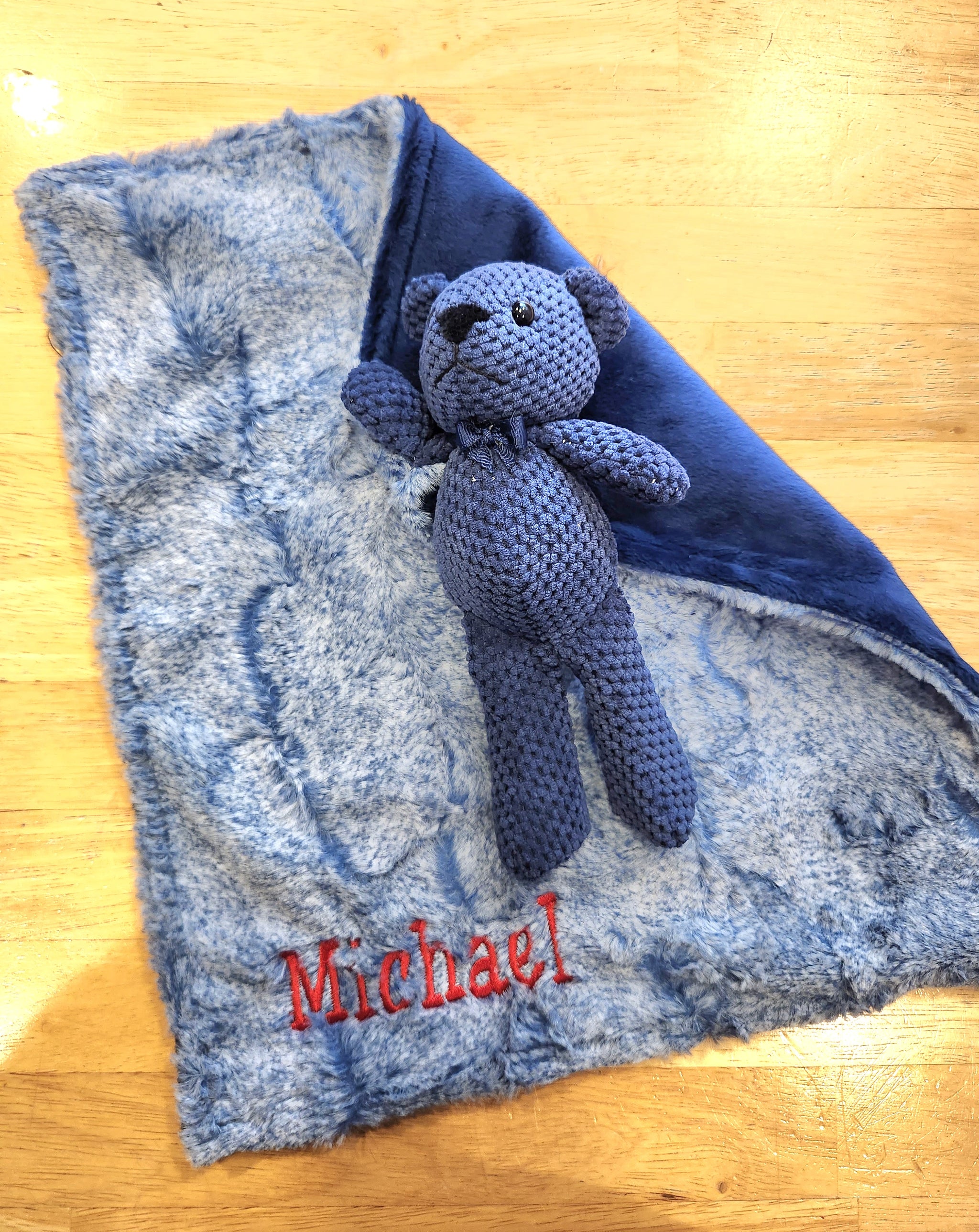 Heather Luxe Stonewash & Navy Solid Lovie With Teddy Bear