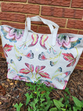 White Vintage Floral Faux Leather Tote Bag