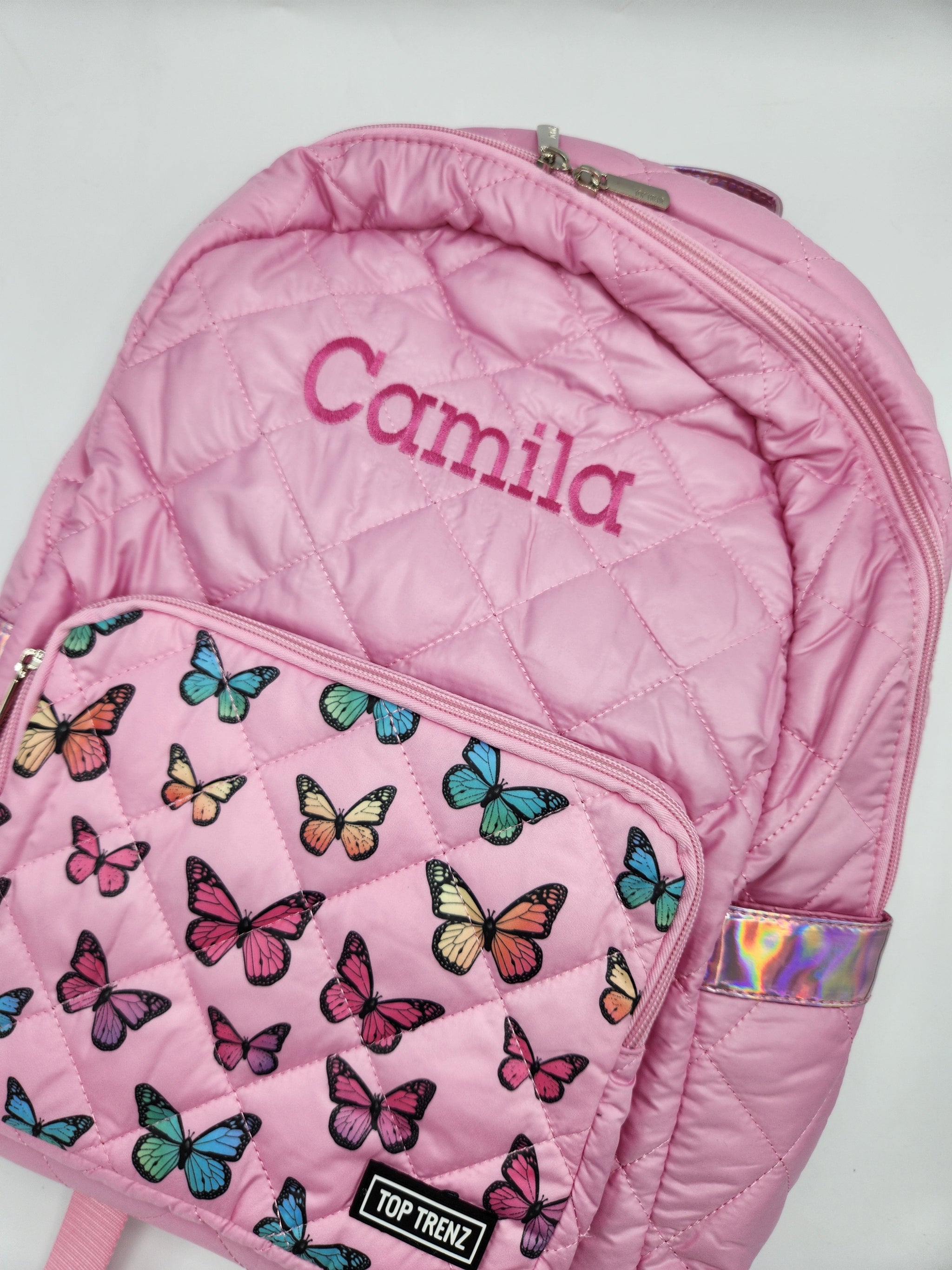 Puffer pink backpack with butterfly pocket