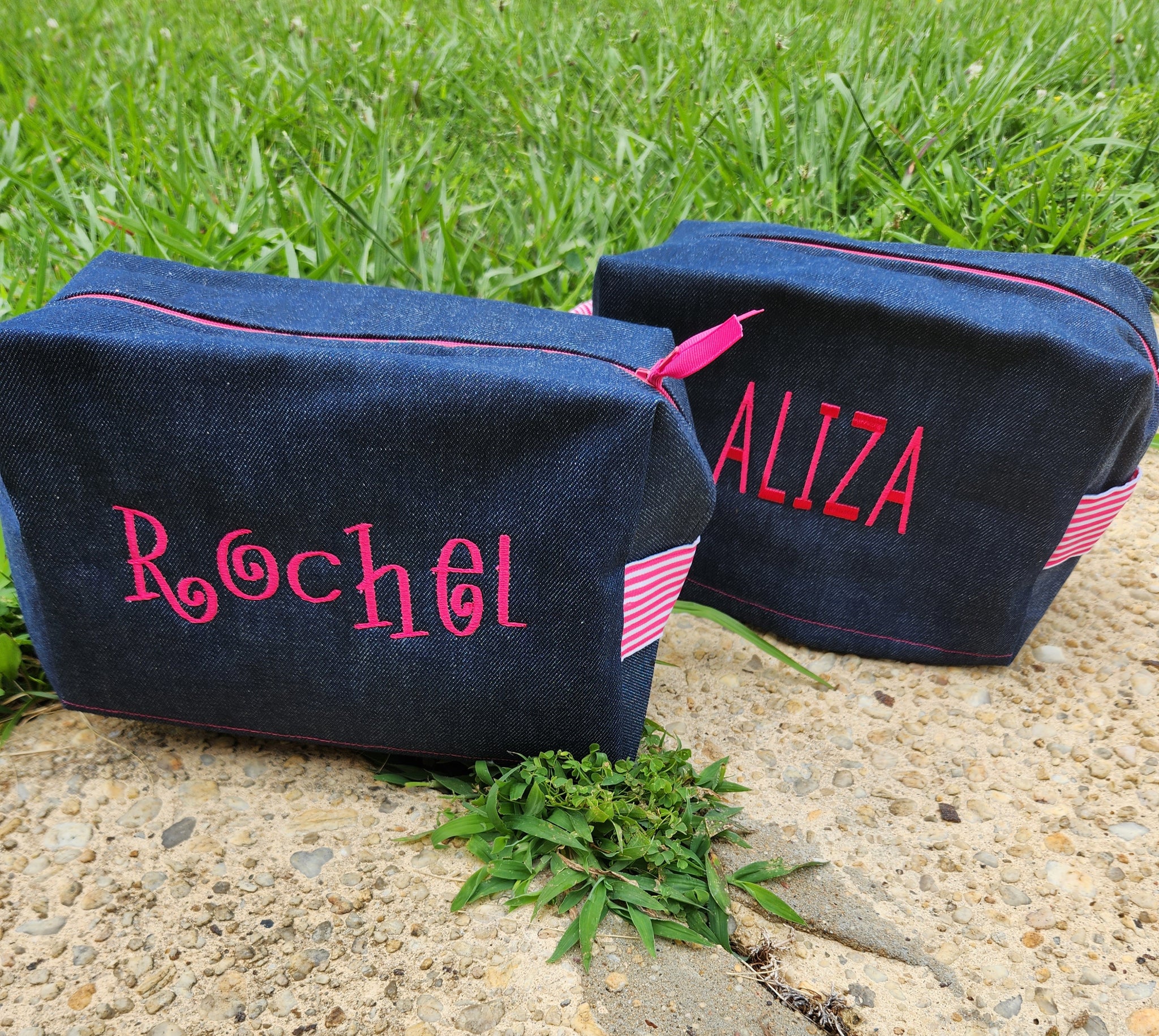 Denim and Hot Pink Stripe Toiletry Bag