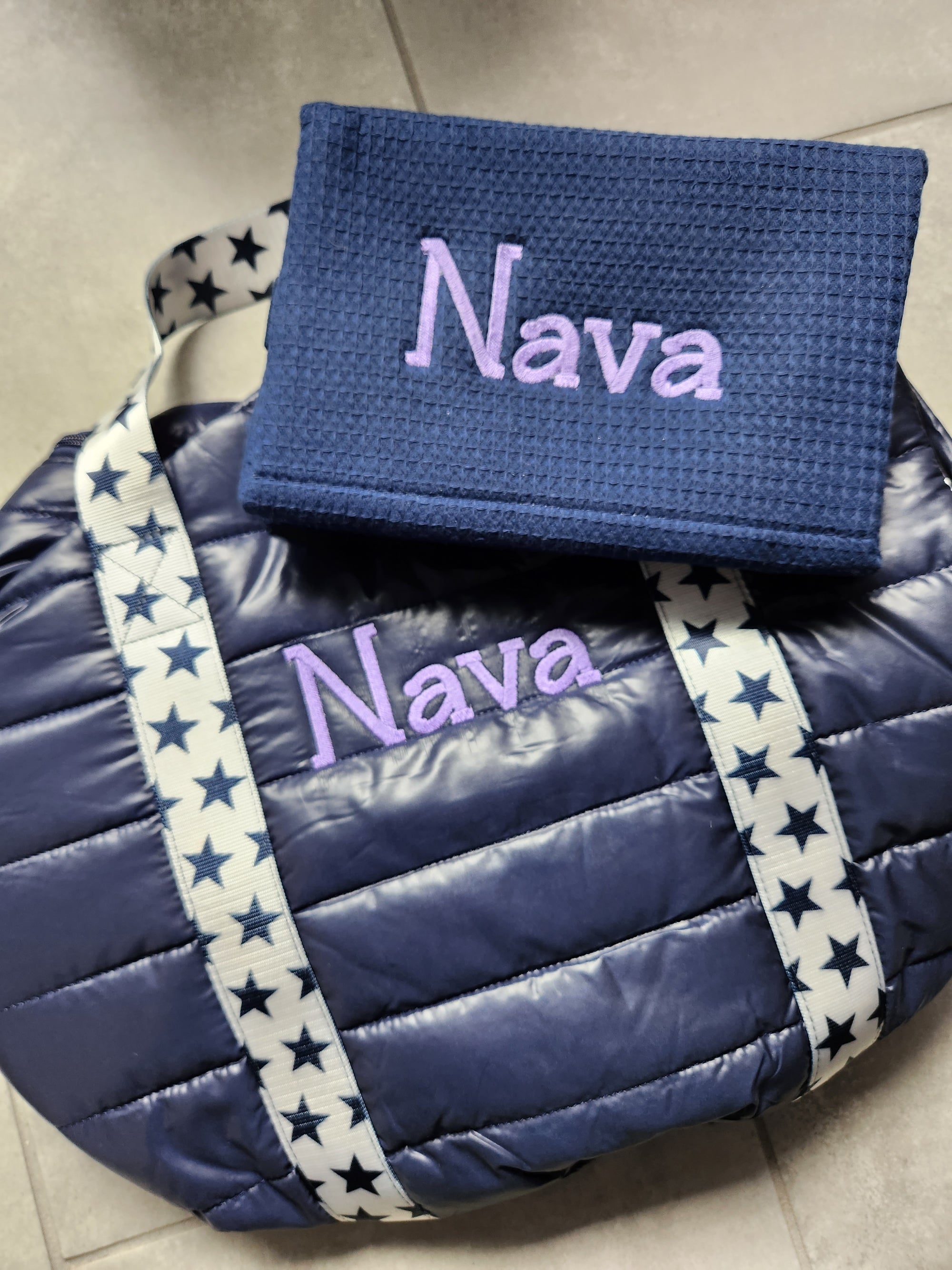 Navy Puffer Duffel Bag With Blue Star Straps