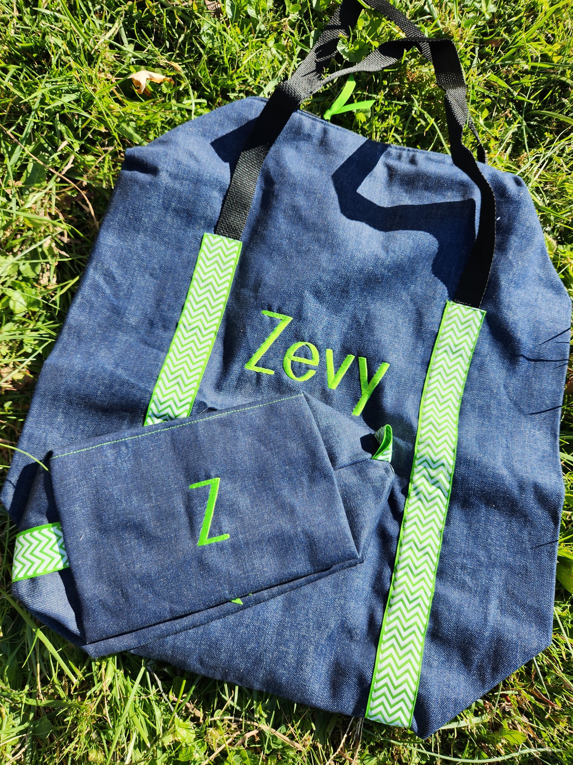 Denim with Green Chevron Duffle