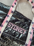 Black Puffer Tote Bag with Pink White Split Star Straps
