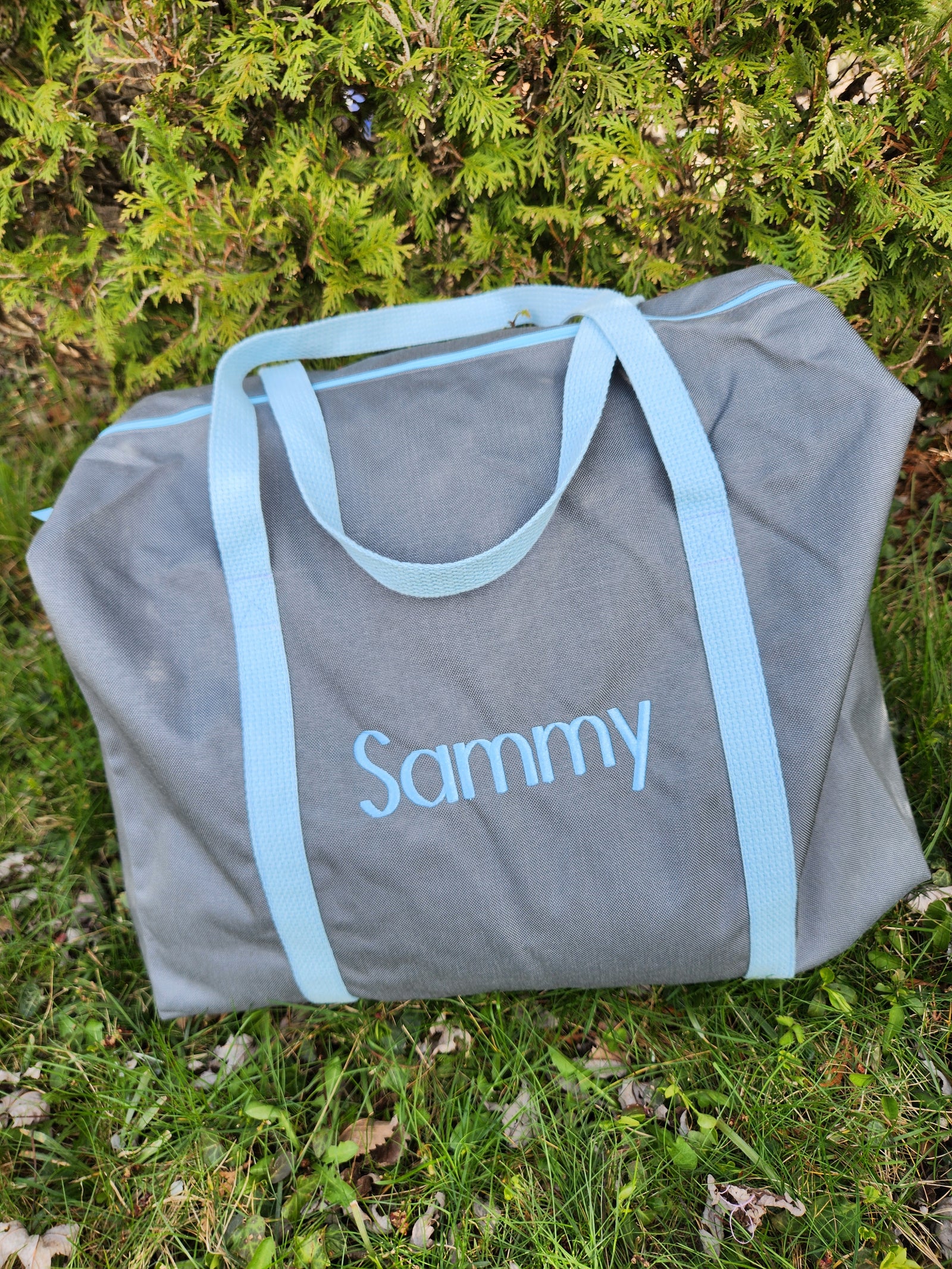 Sammy Gray and Light Blue Duffle