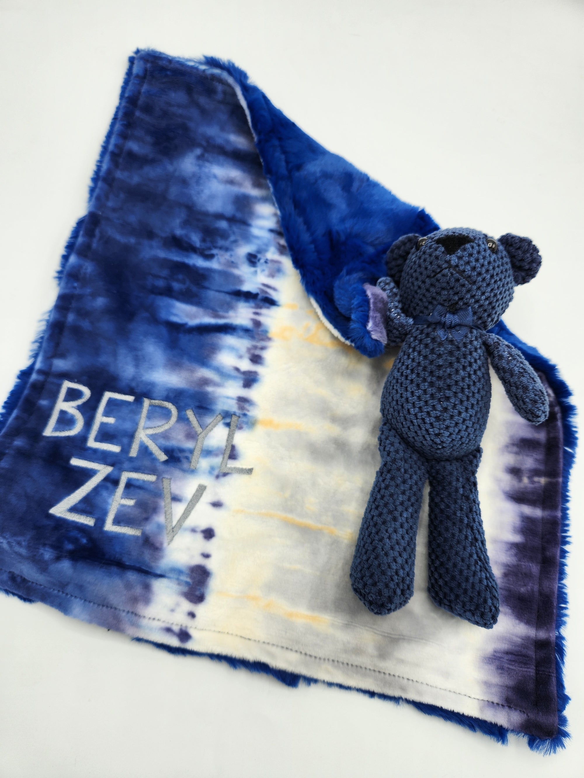 Tie Dye Stripe Blue and Blue Lovie With Teddy Bear