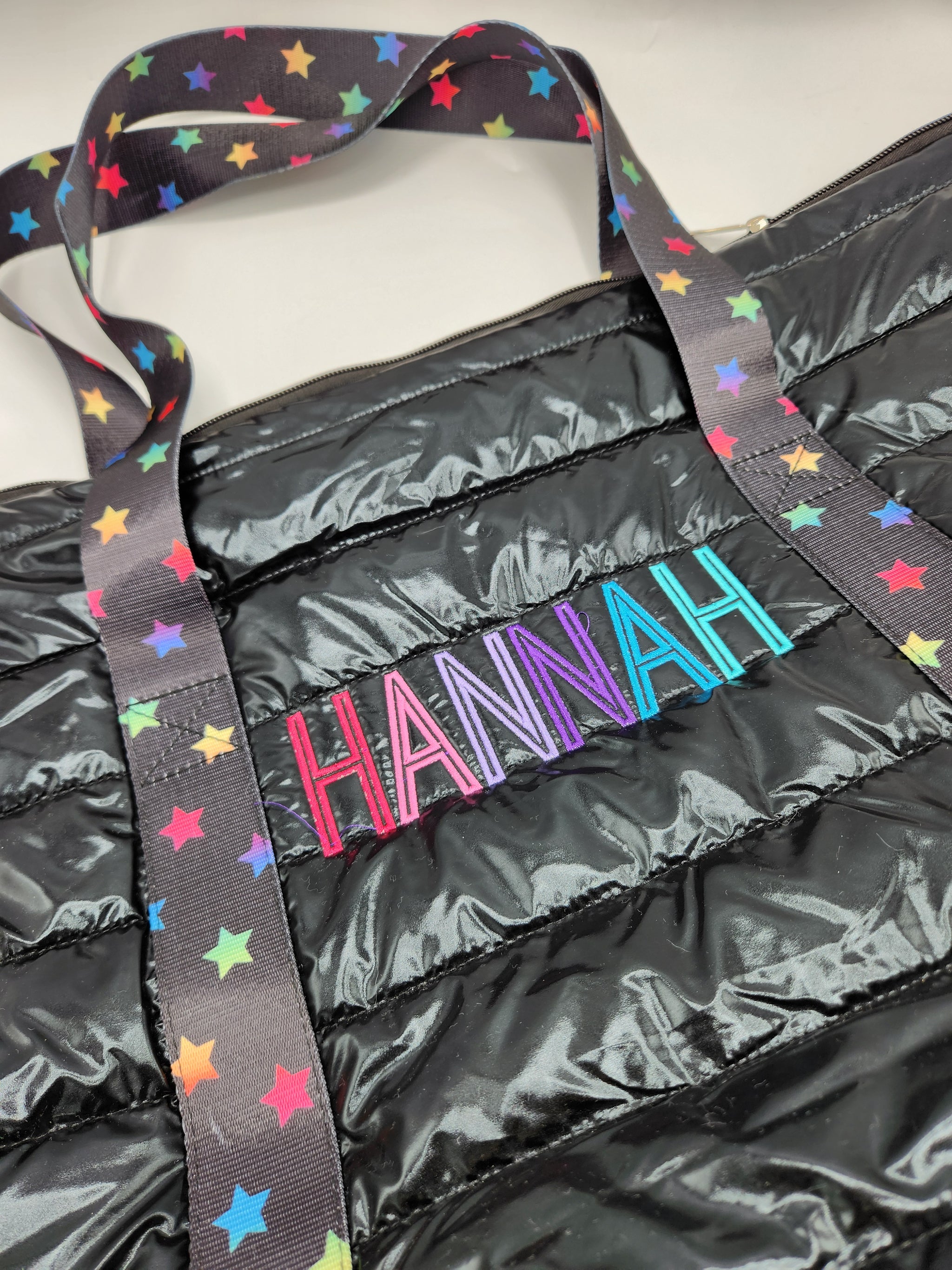 Black Puffer Tote W/ Rainbow Scatter Stars