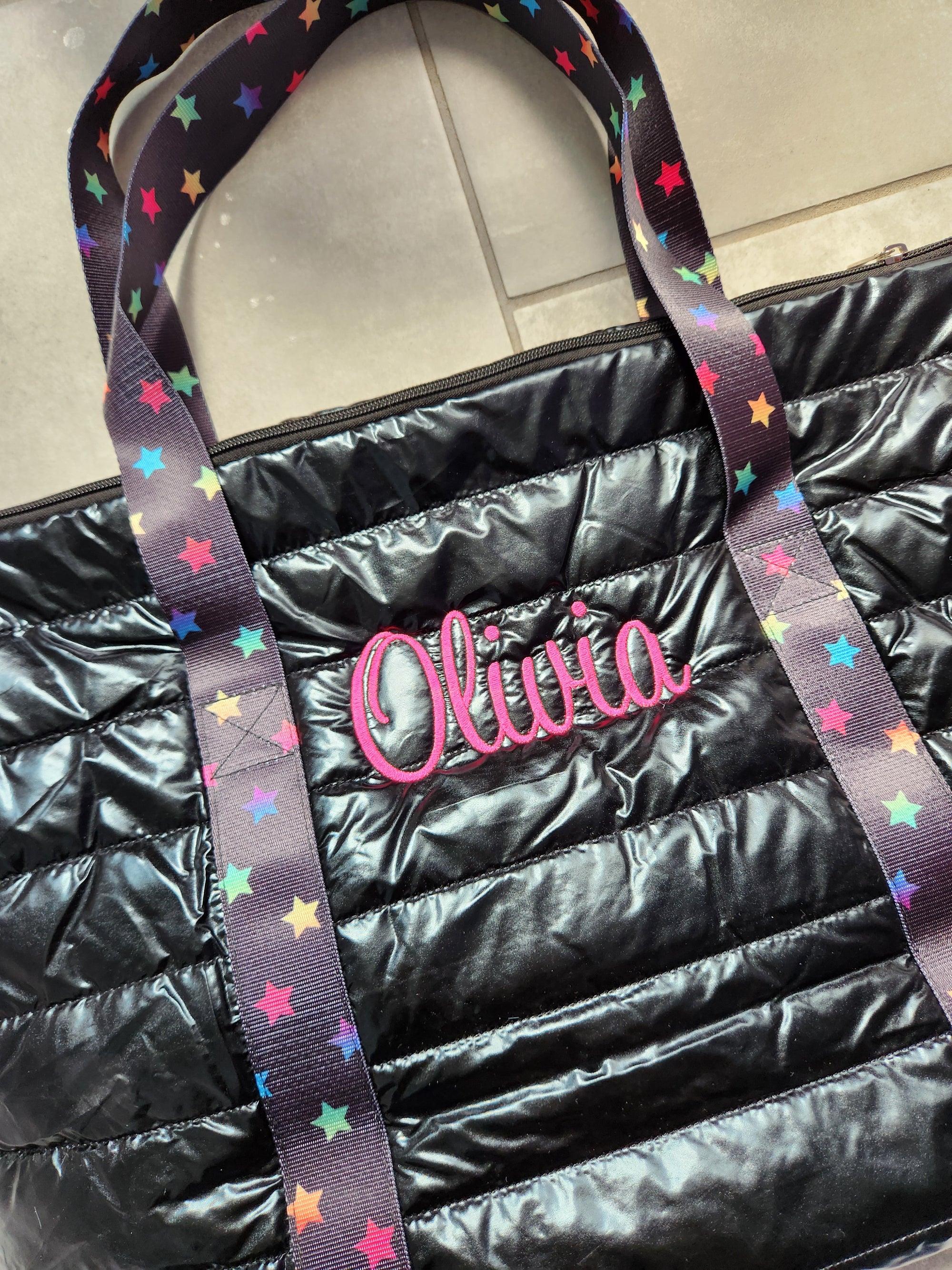 Black Puffer Tote W/ Rainbow Scatter Stars