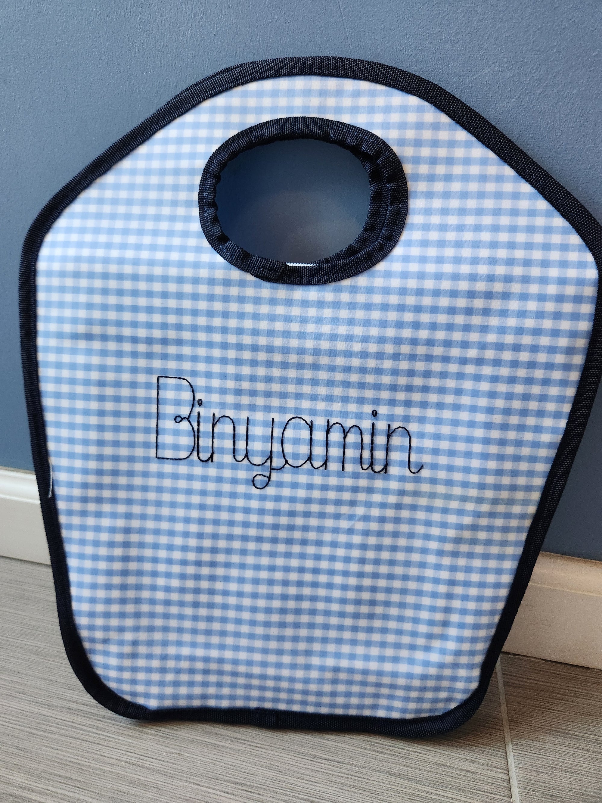 Baby Blue Gingham with Navy Trim Vinyl Keyhole Bag