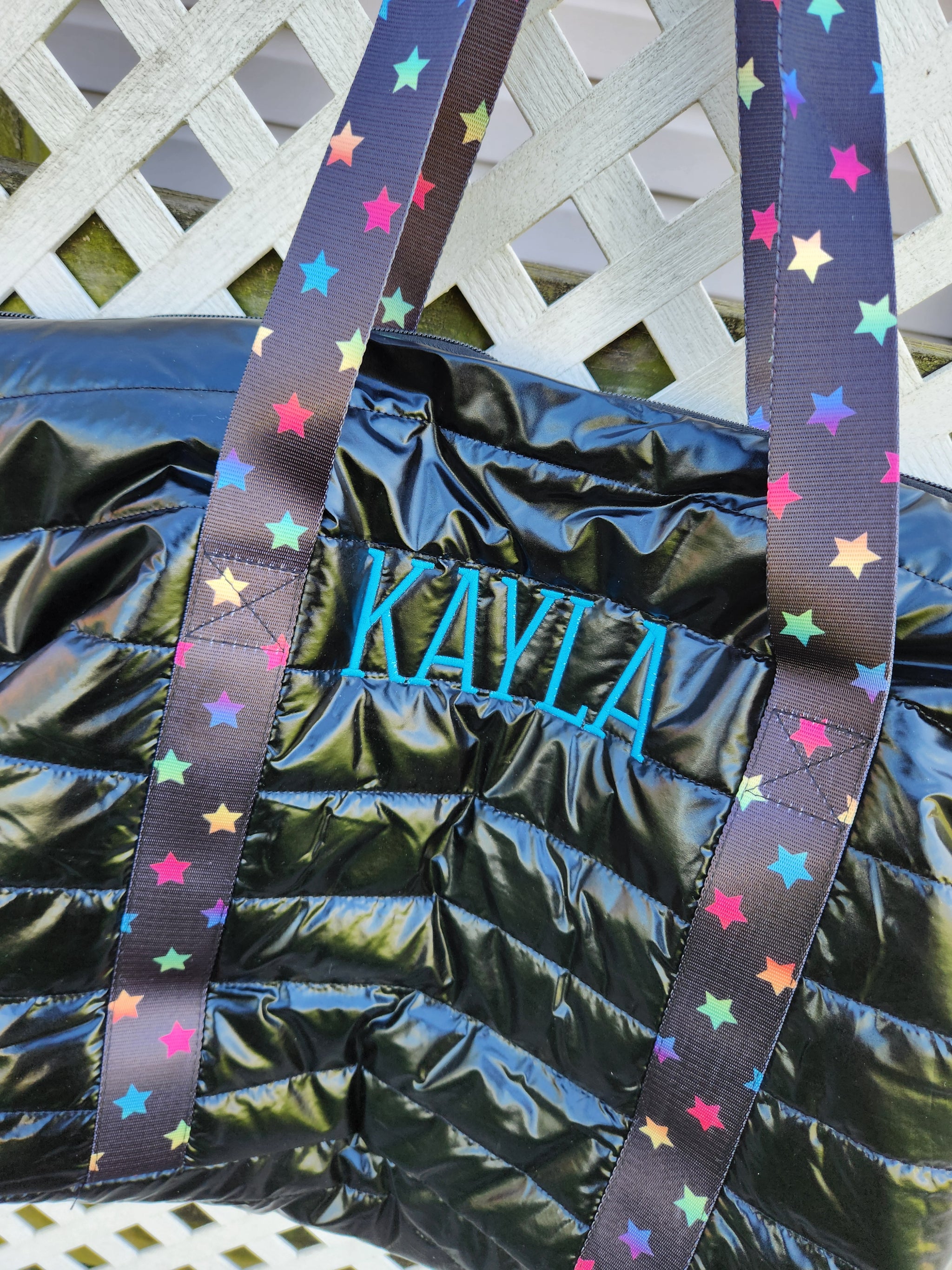 Black Puffer Tote W/ Rainbow Scatter Stars