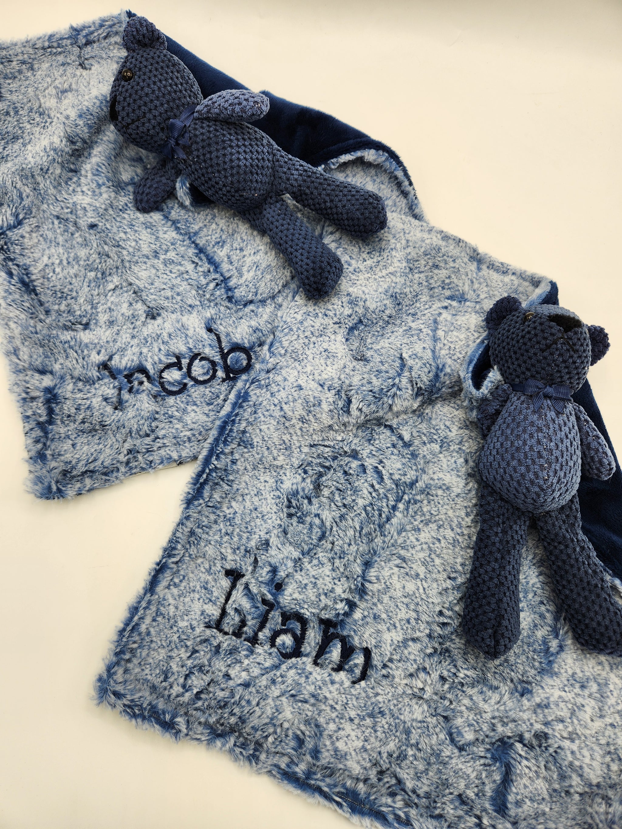 Heather Luxe Stonewash & Navy Solid Lovie With Teddy Bear