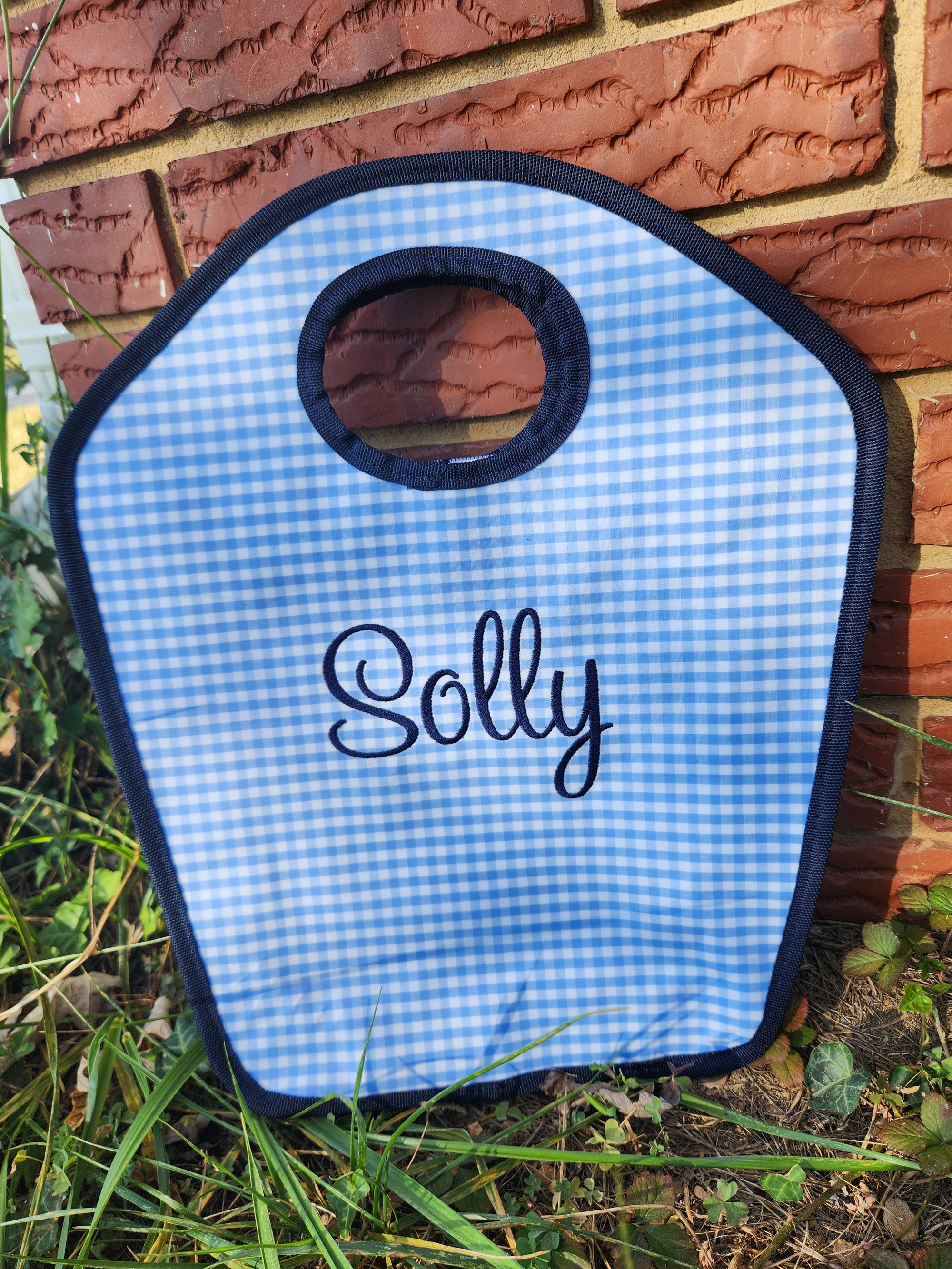 Baby Blue Gingham with Navy Trim Vinyl Keyhole Bag