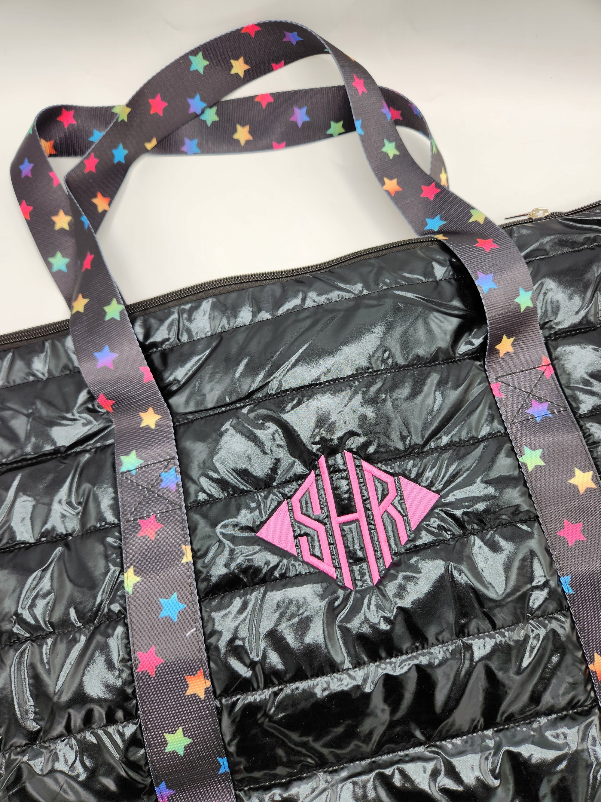 Black Puffer Tote W/ Rainbow Scatter Stars