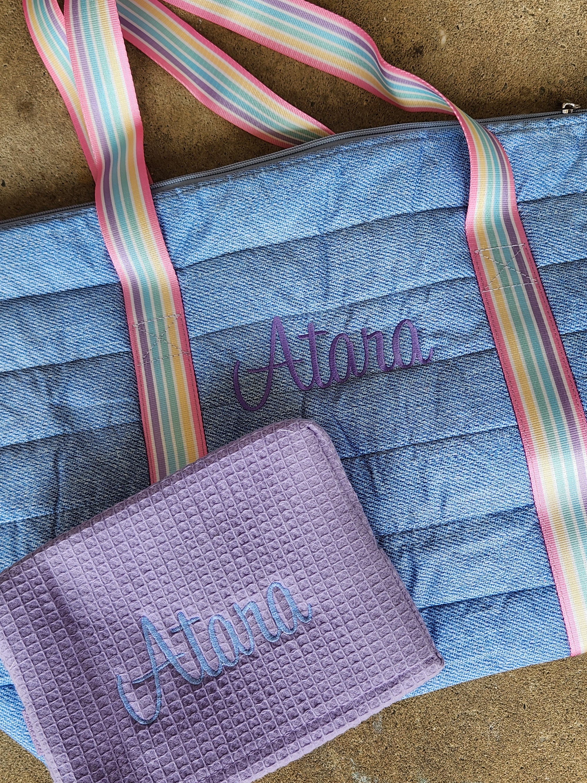 Denim Puffer Tote w/ Rainbow Striped Straps