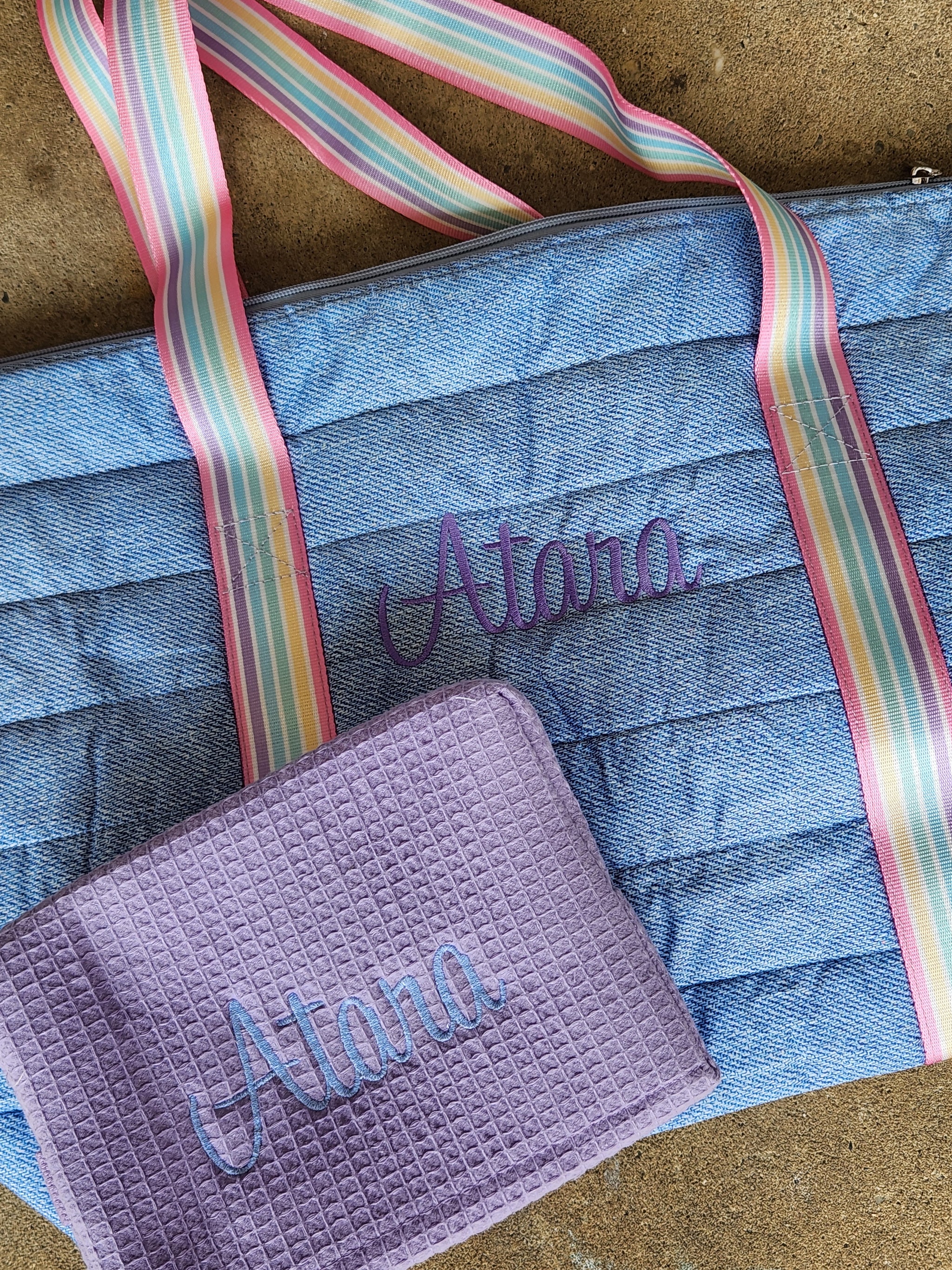 Denim Puffer Tote w/ Rainbow Striped Straps