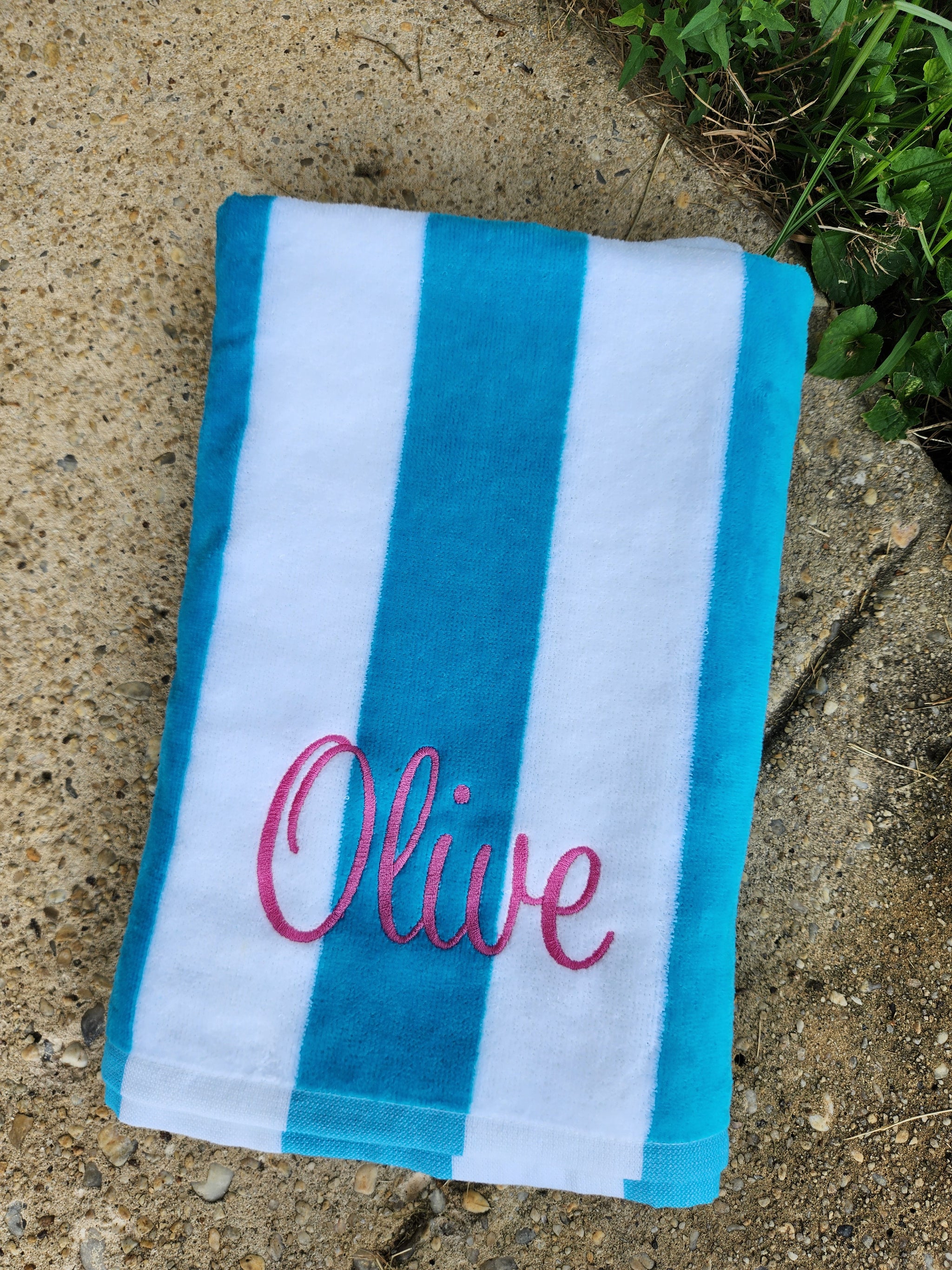 Teal and White Cabana beach adult/kids towel