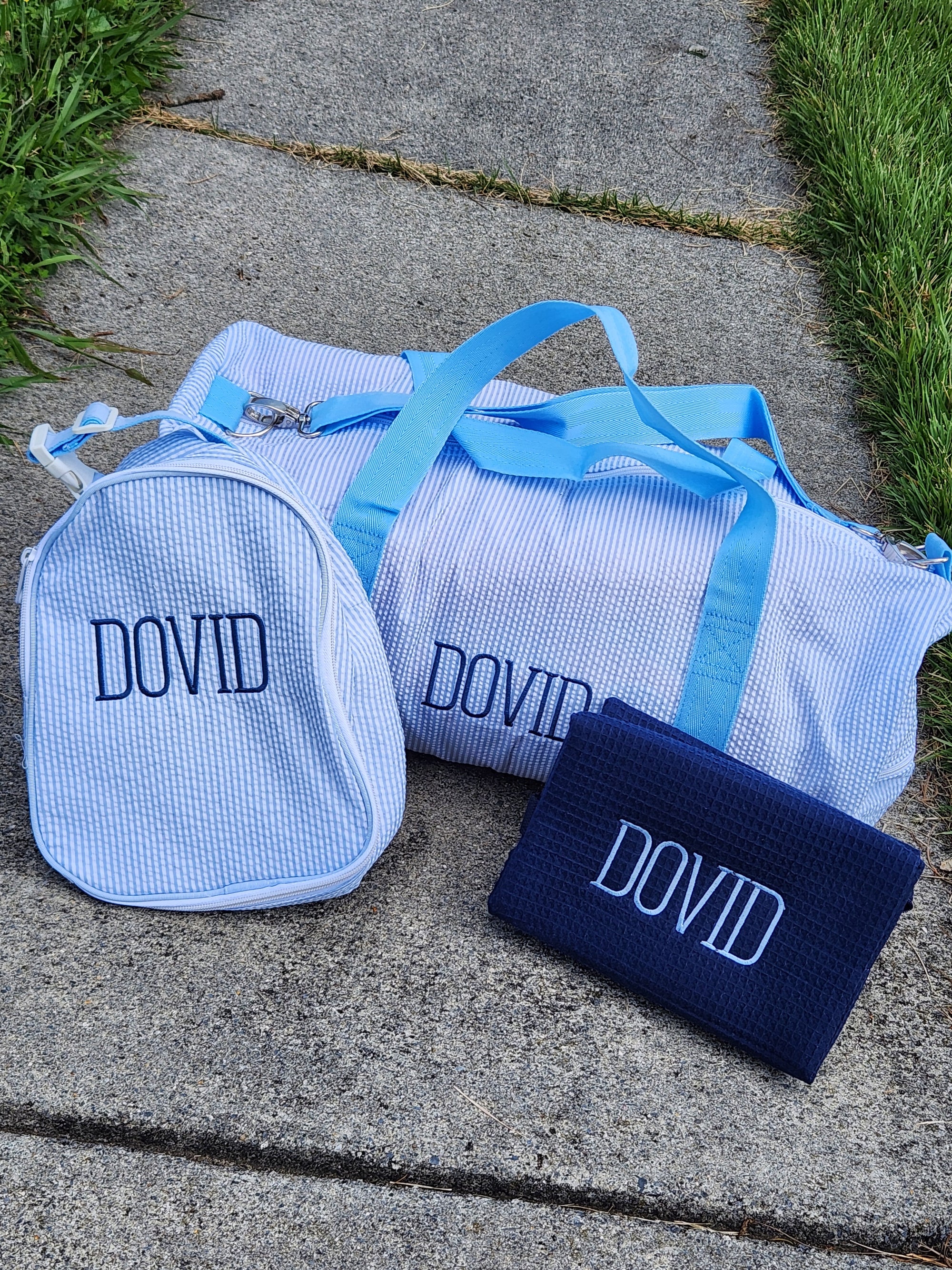 Baby Blue Seersucker Weekender Duffle