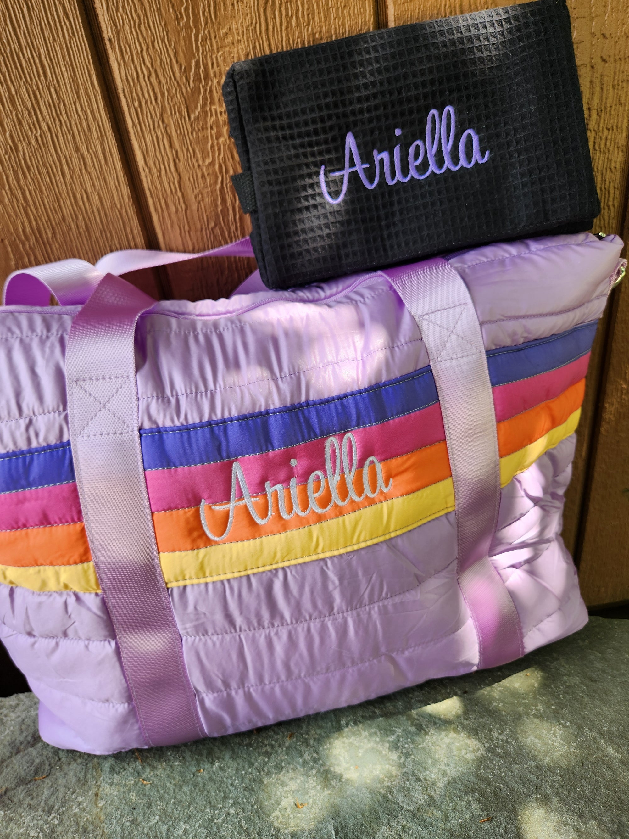 Purple Retro Stripe Puffer Weekender Tote Bag