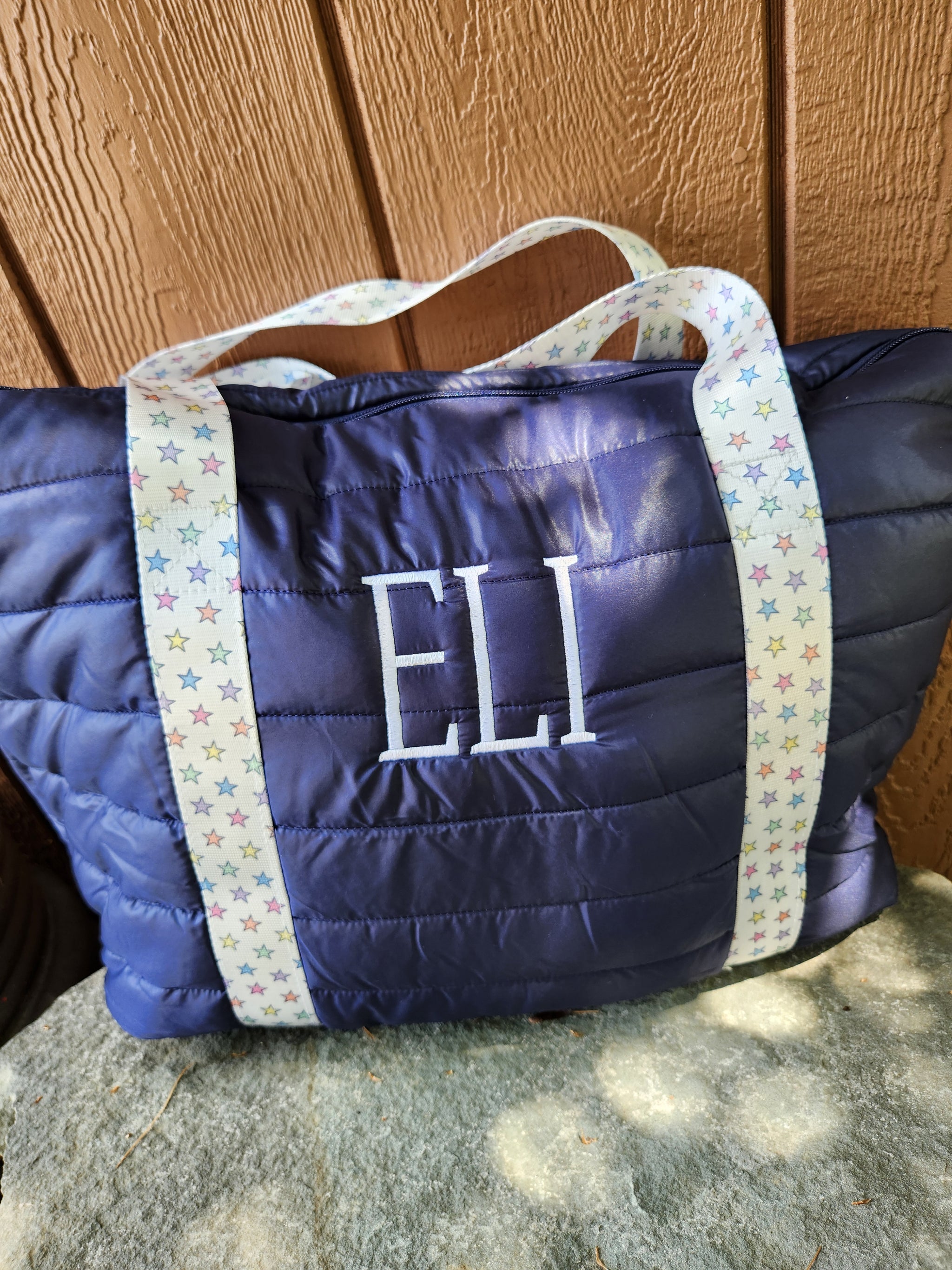 Navy Puffer Tote with Rainbow Star Strap