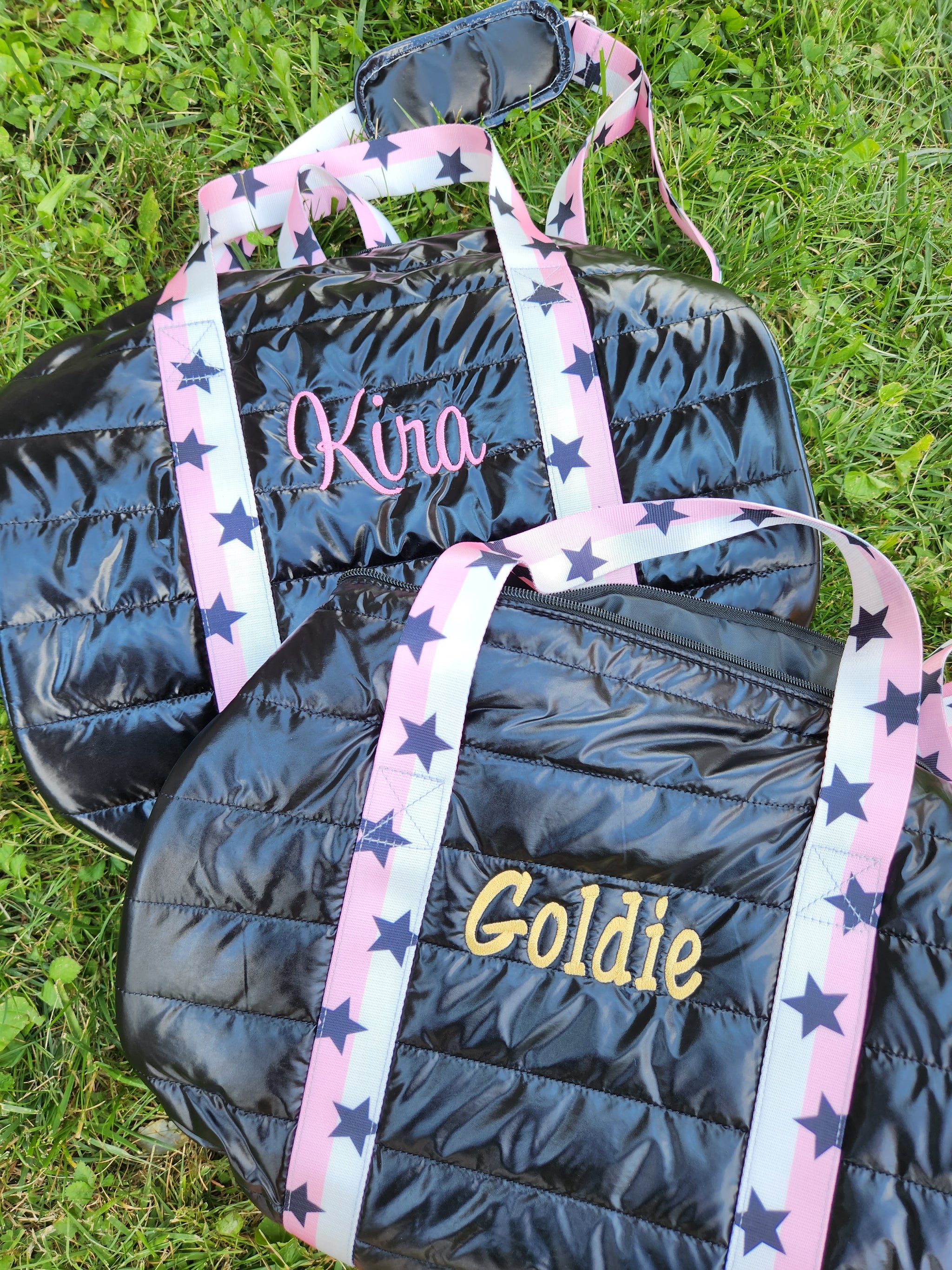 Black Puffer Duffle Bag Pink White Split Star Straps