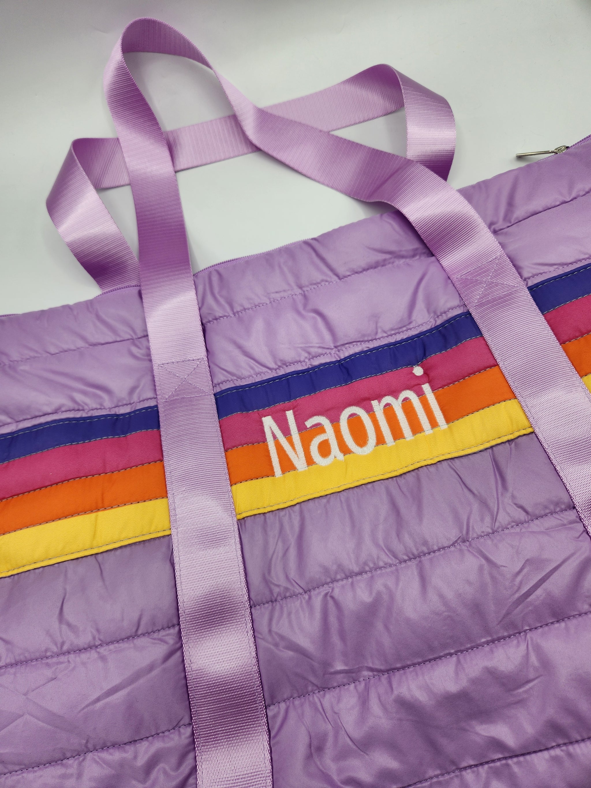 Purple Retro Stripe Puffer Weekender Tote Bag