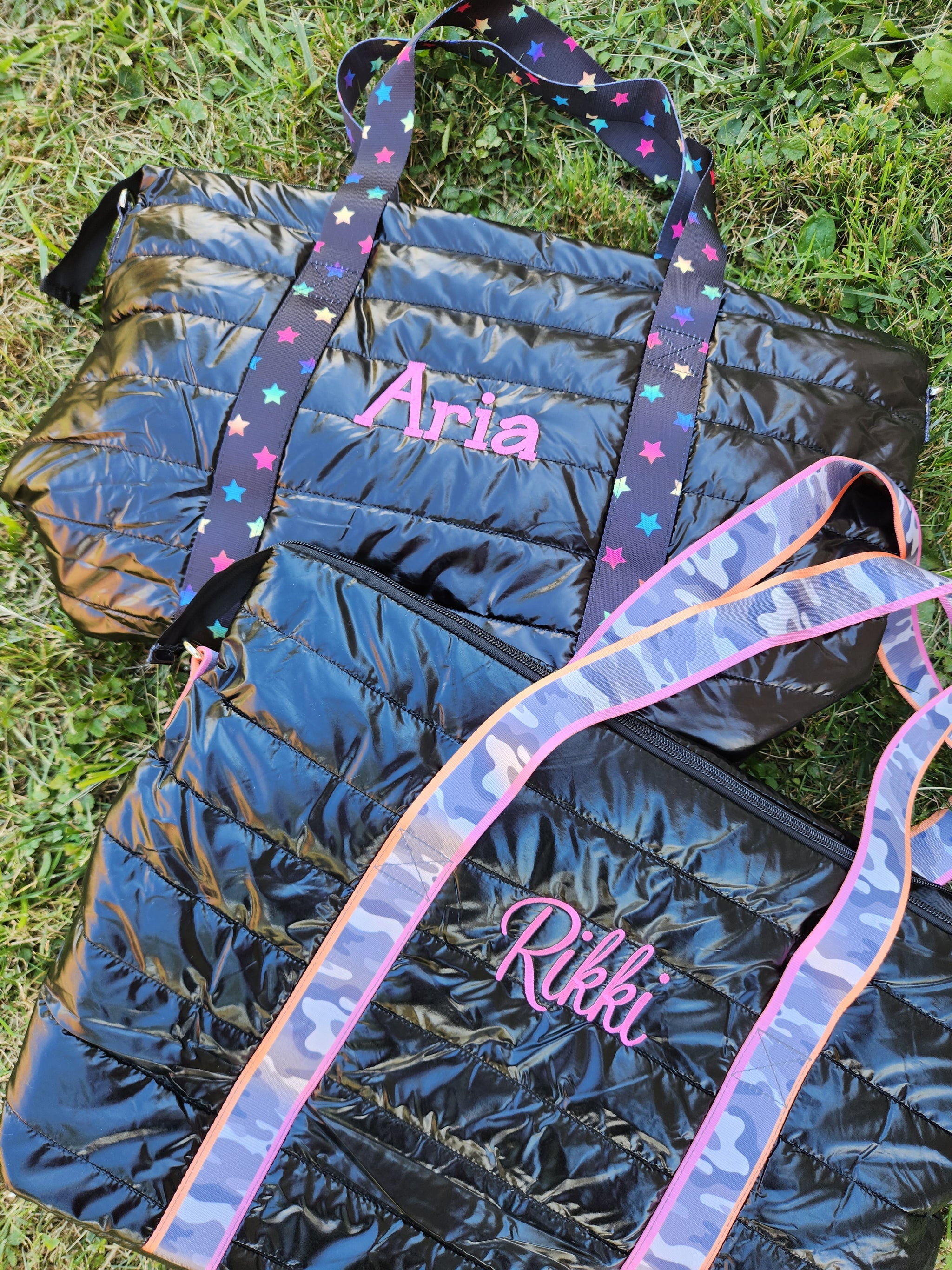 Black Puffer Tote Grey Camouflage Stripe Straps