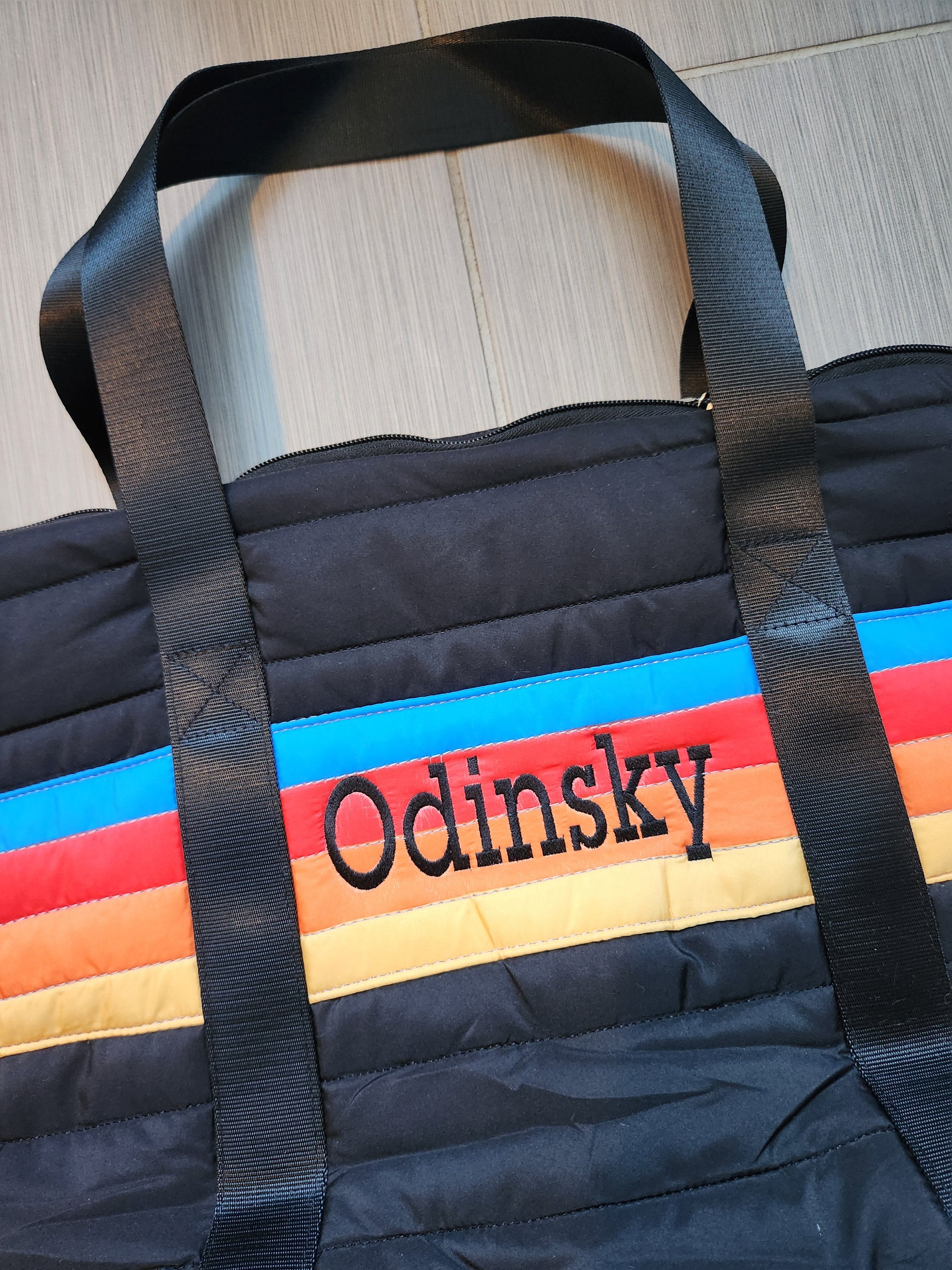 Black Retro Stripe Puffer Tote Bag