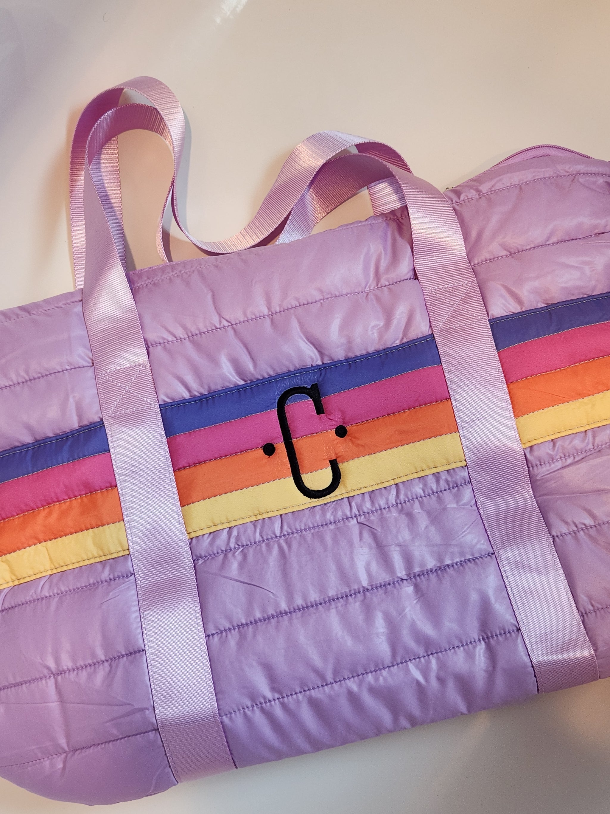 Purple Retro Stripe Puffer Weekender Tote Bag