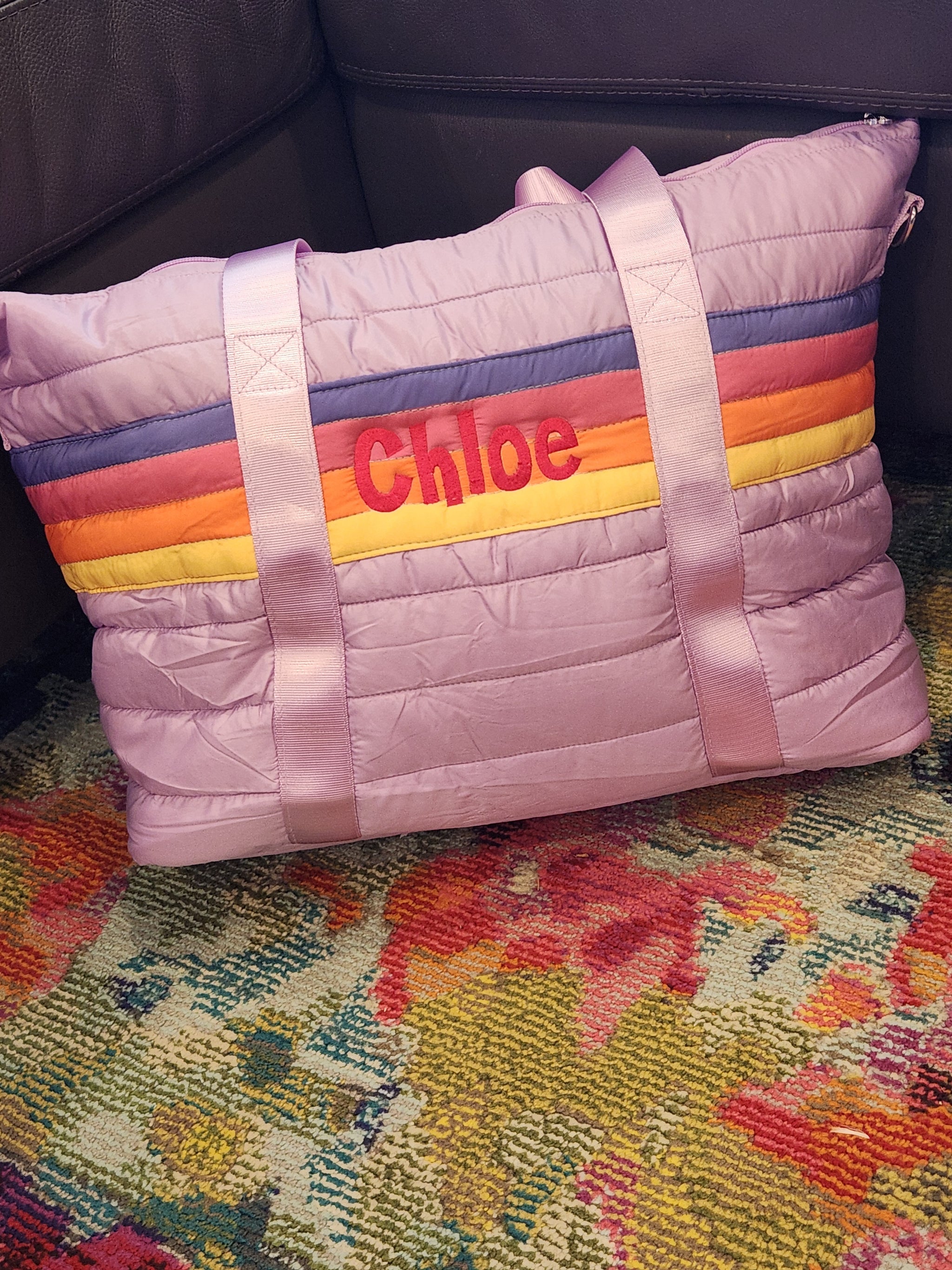 Purple Retro Stripe Puffer Weekender Tote Bag