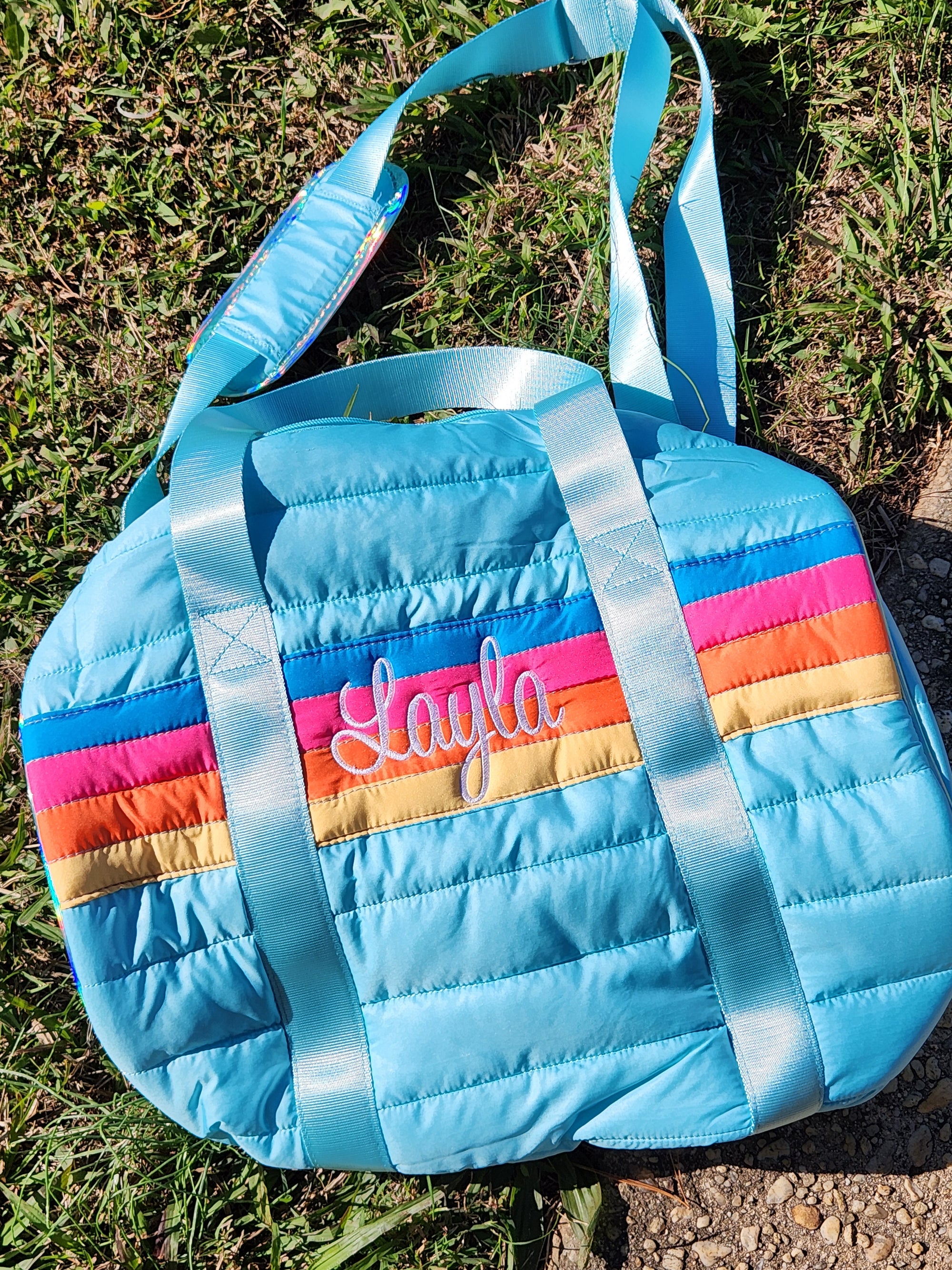 Blue Puffer Duffle Bag Retro Stripes