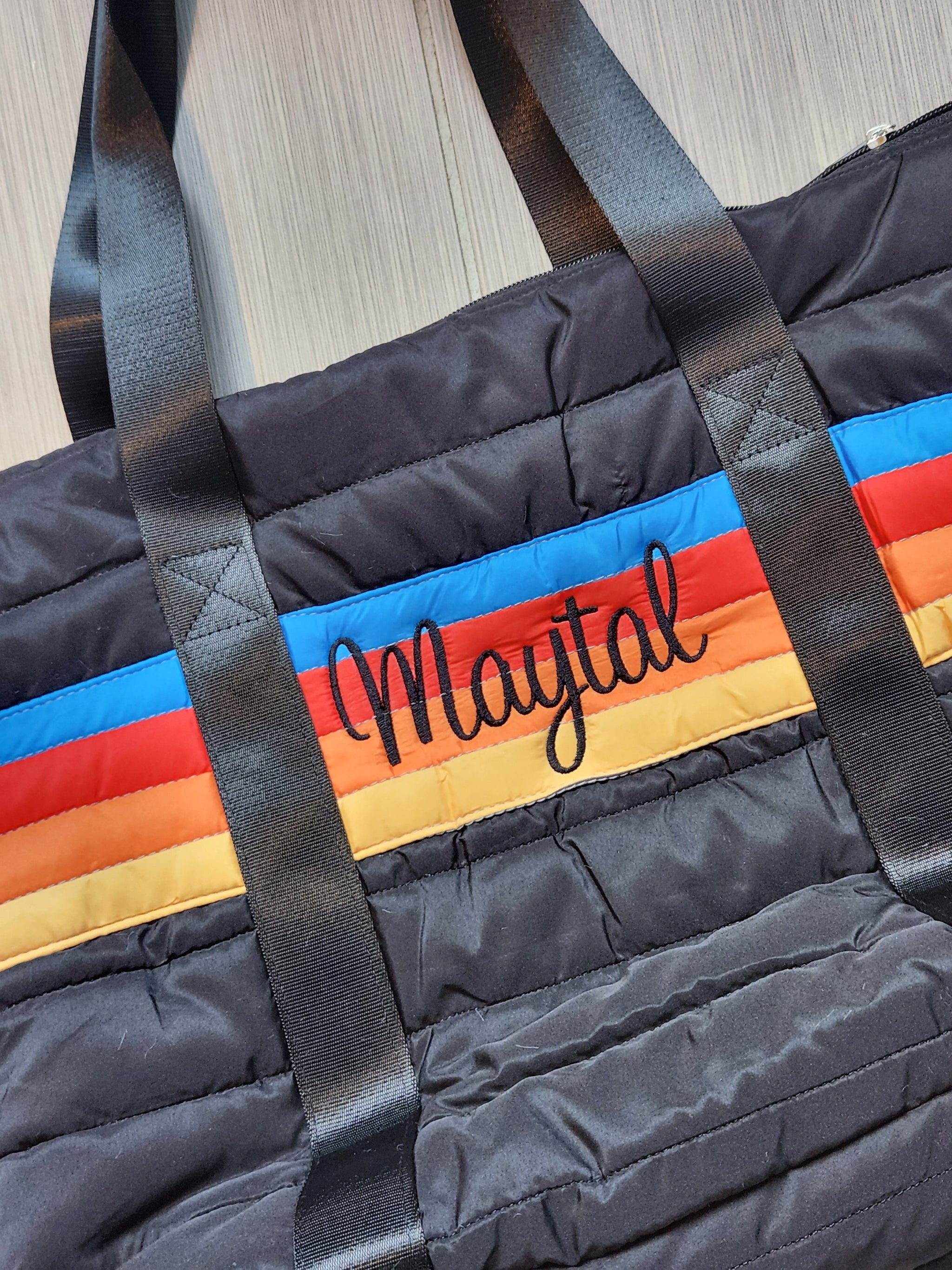 Black Retro Stripe Puffer Tote Bag