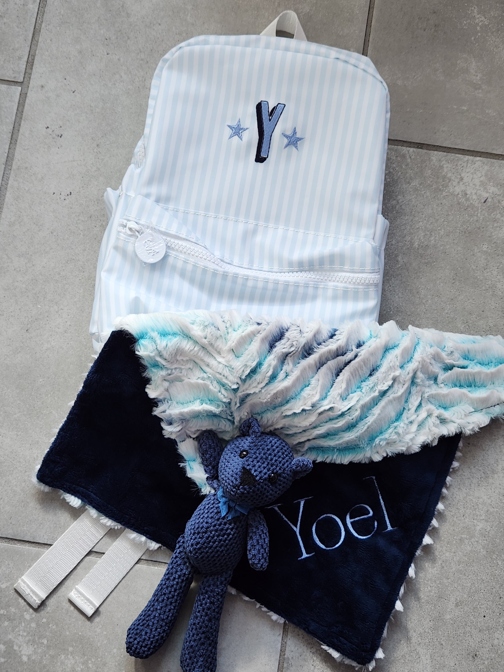 Zebra Aqua and Navy Boys Lovie With Teddy Bear
