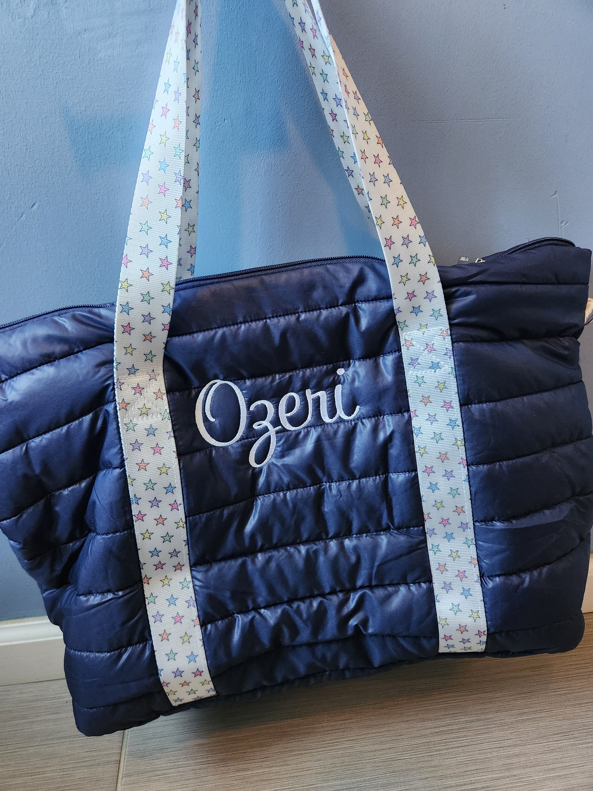 Navy Puffer Tote with Rainbow Star Strap
