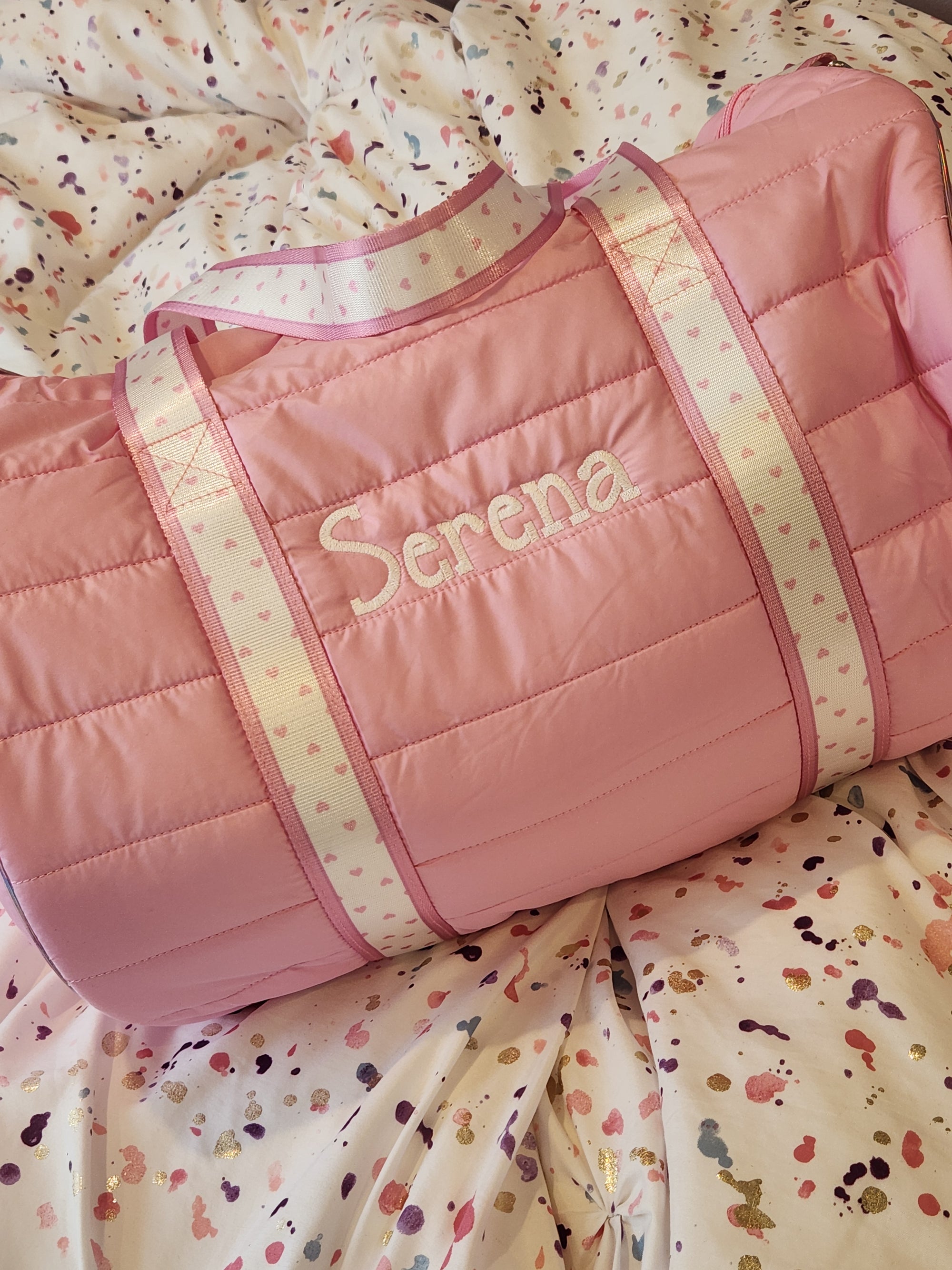 Pink Puffer Duffle Bag with Heart Stripe Strap