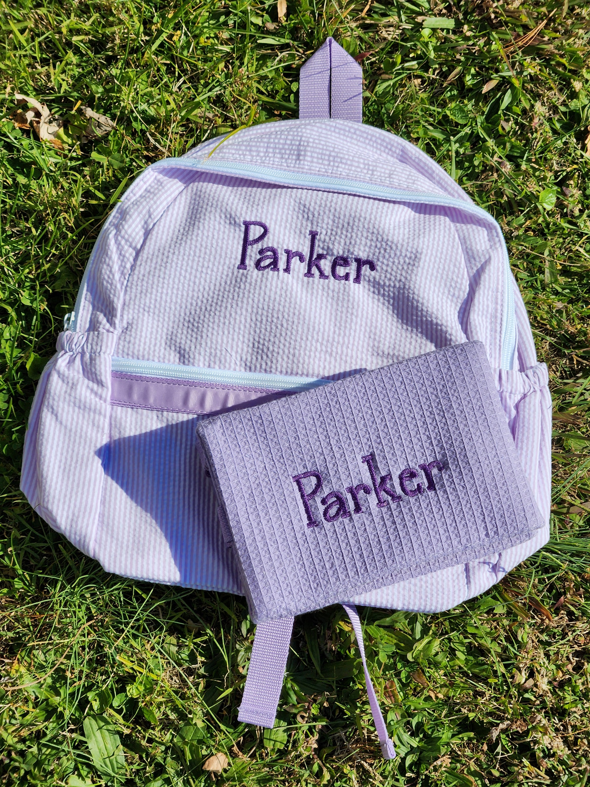 Purple Seersucker Backpack with pockets