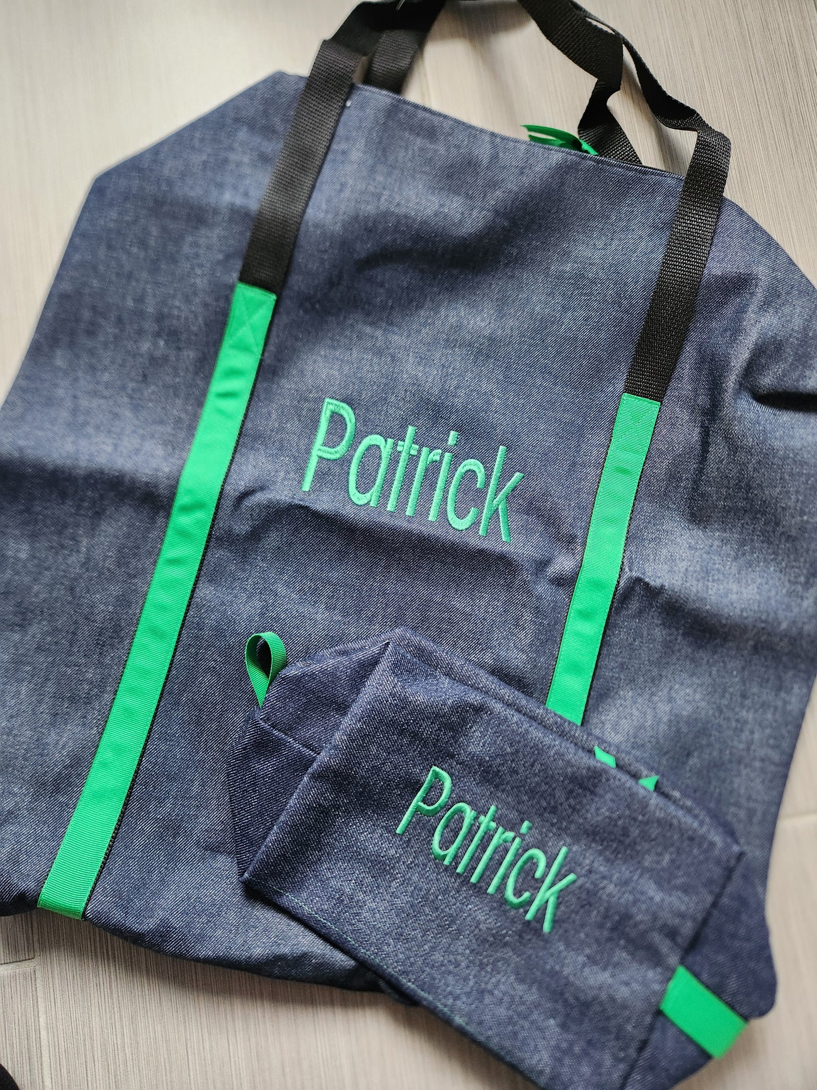 Denim And Kelly Green Duffle