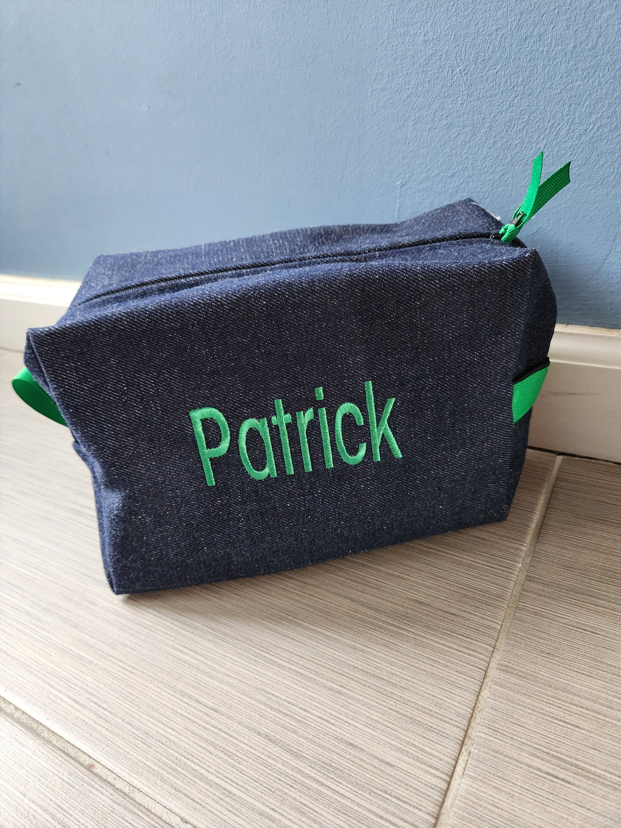 Denim with Kelly Green Toiletry Bag