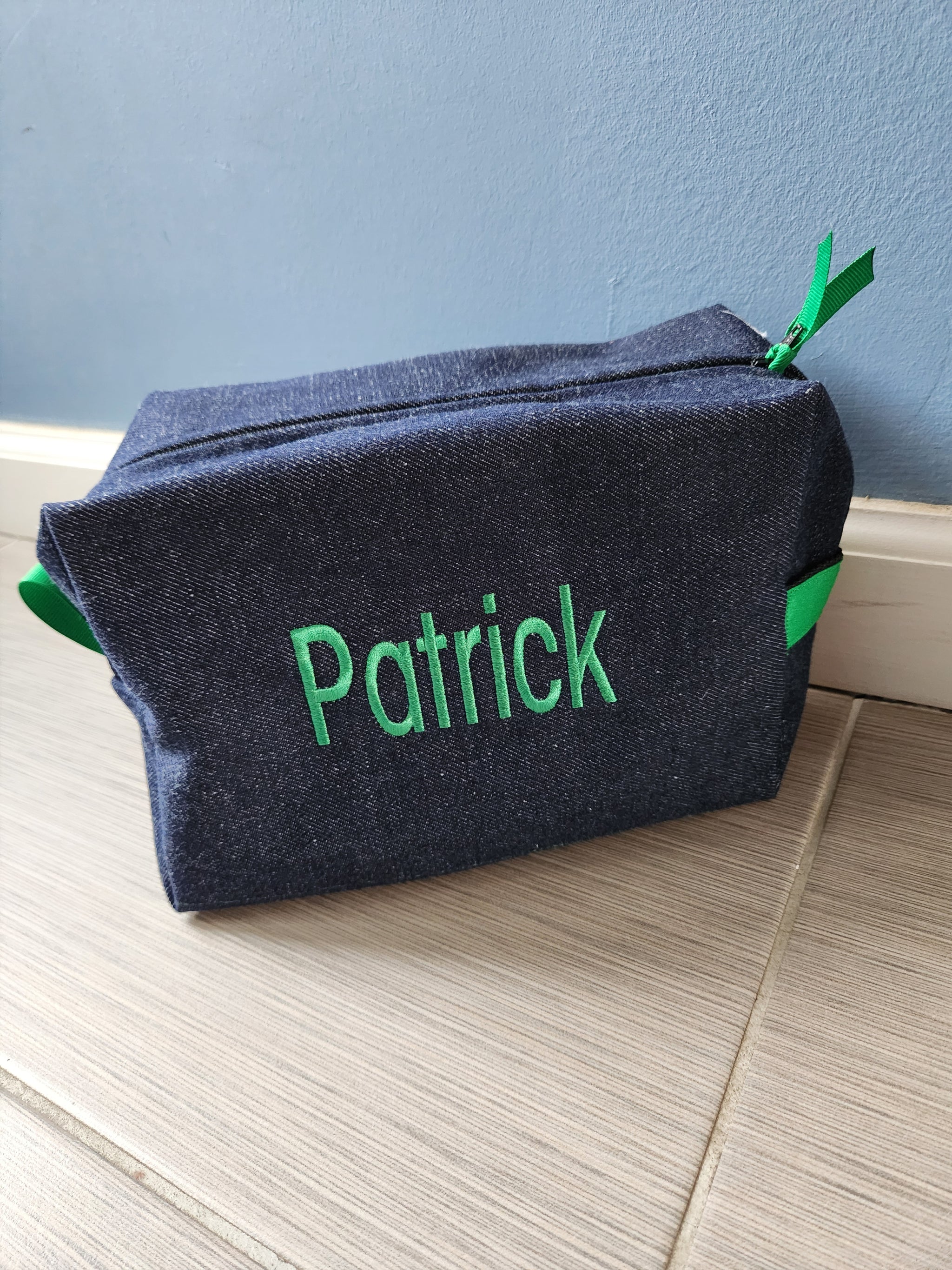 Denim with Kelly Green Toiletry Bag