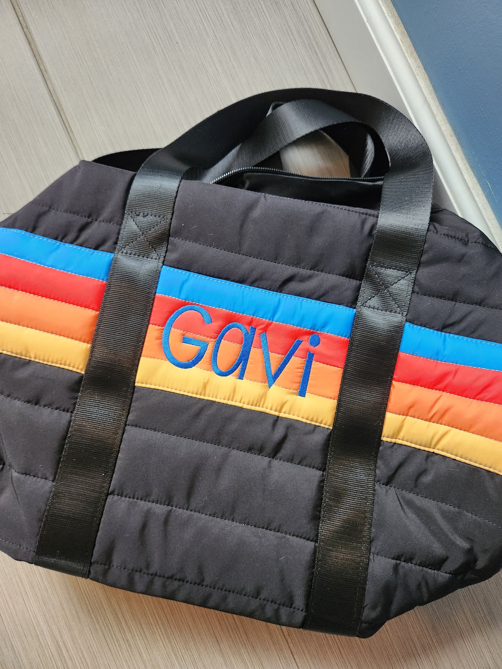 Black Puffer Duffle Bag Retro Stripes