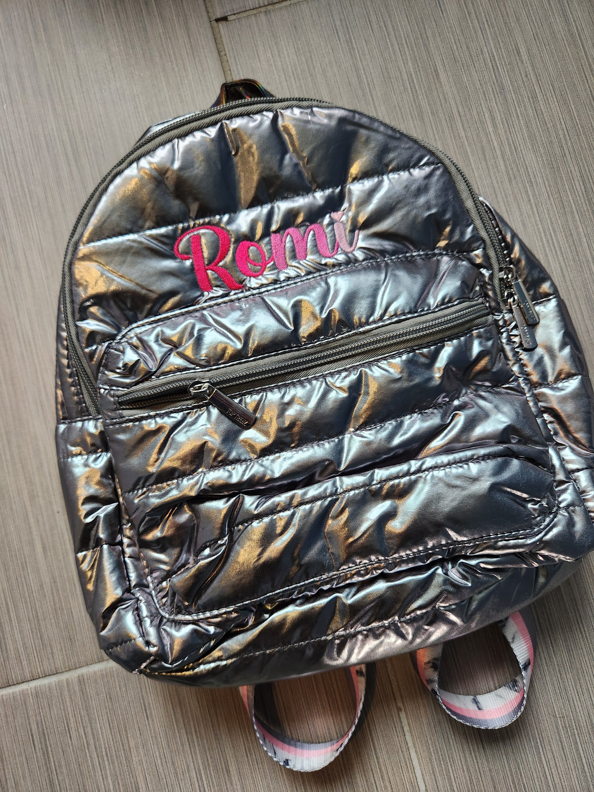 Gunmetal Puffer Mini Backpack White Marble Stripe Straps