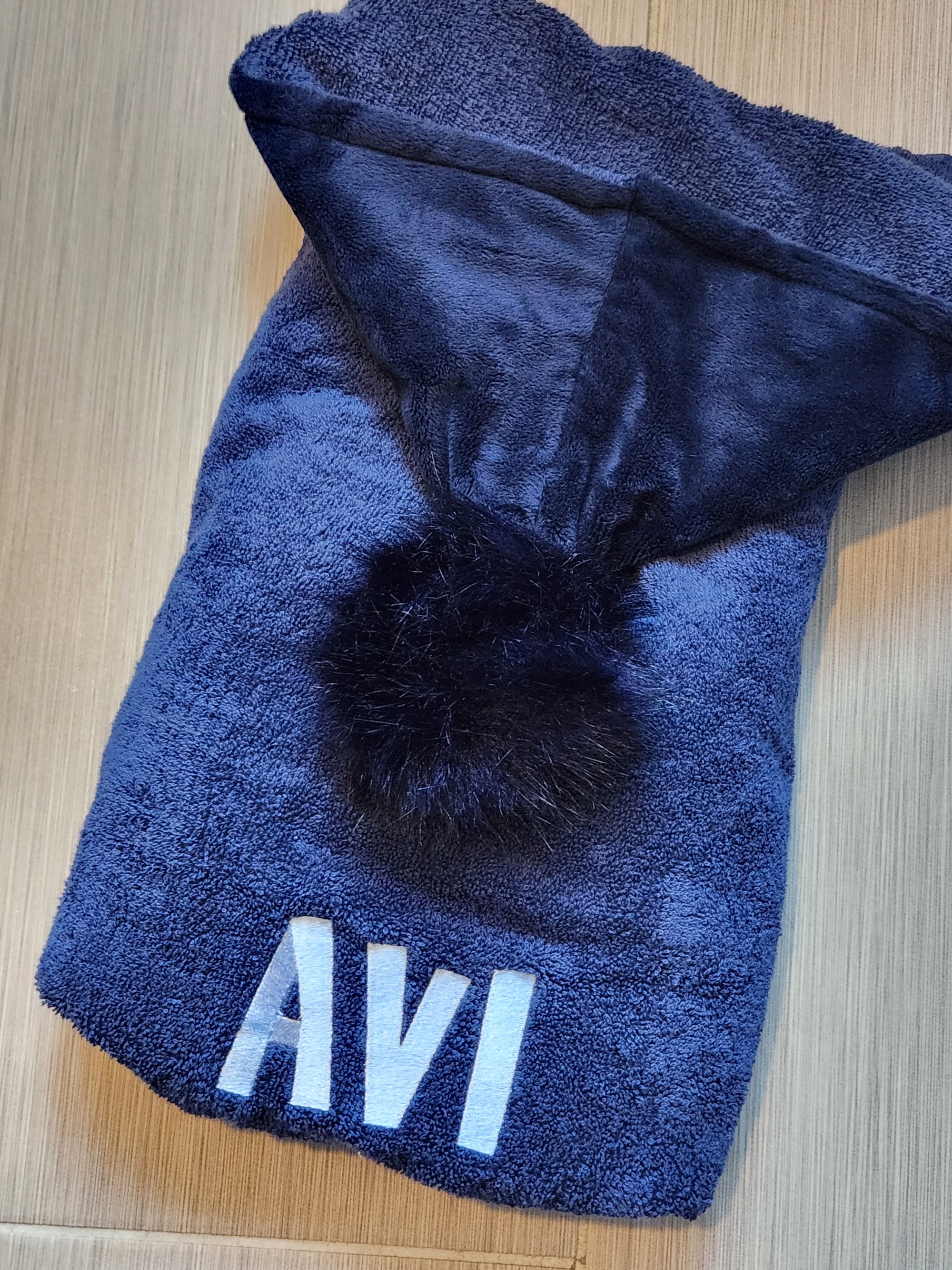 Navy Pompom Hooded Towel