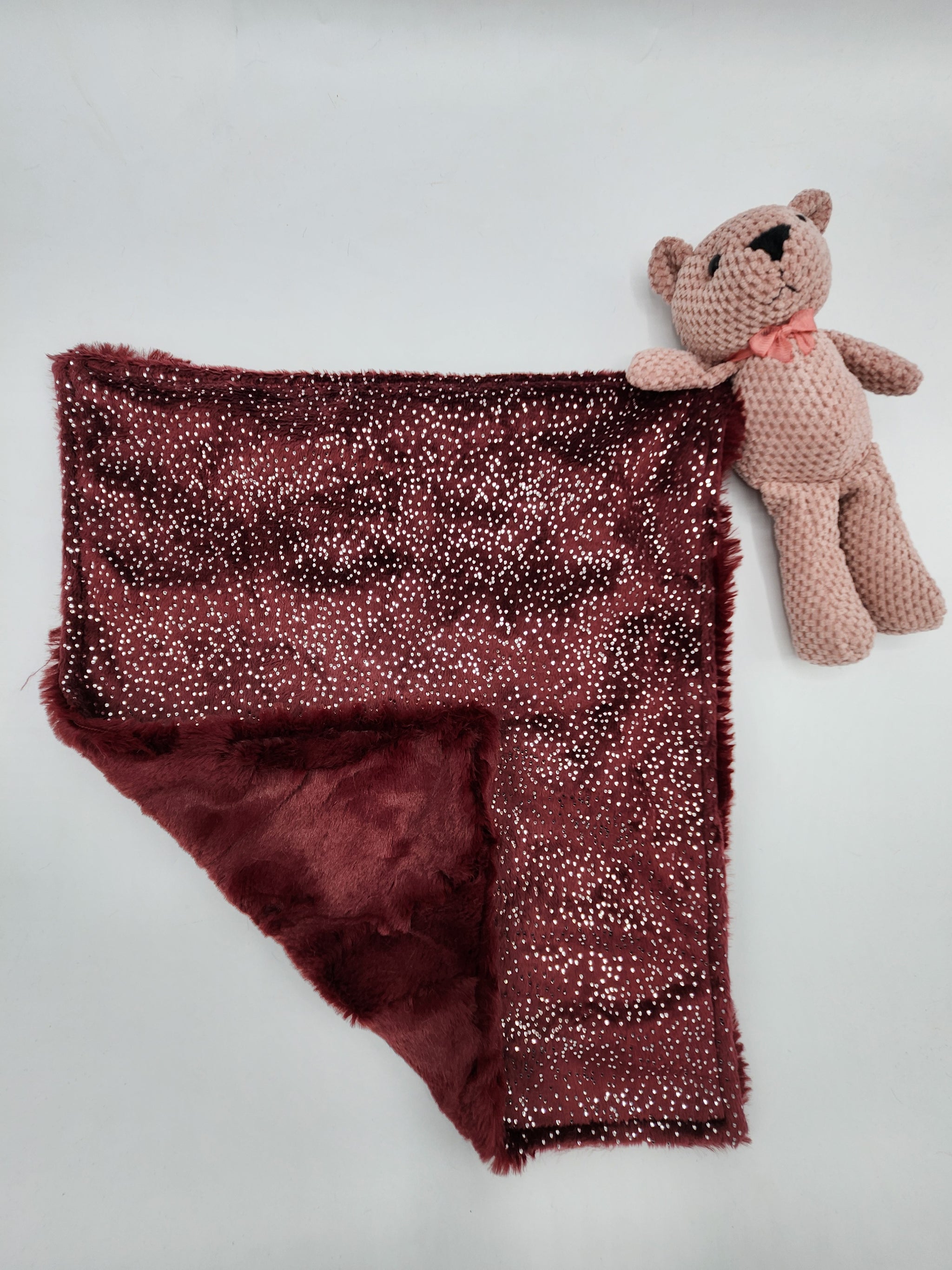 Glitter Minky Merlot & Luxe Burgundy Lovie with Mauve Teddy Bear