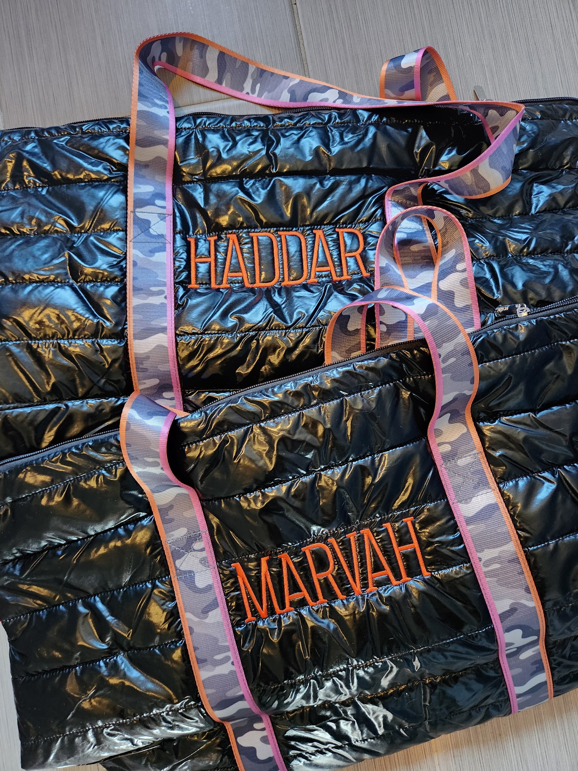 Black Puffer Tote Grey Camouflage Stripe Straps