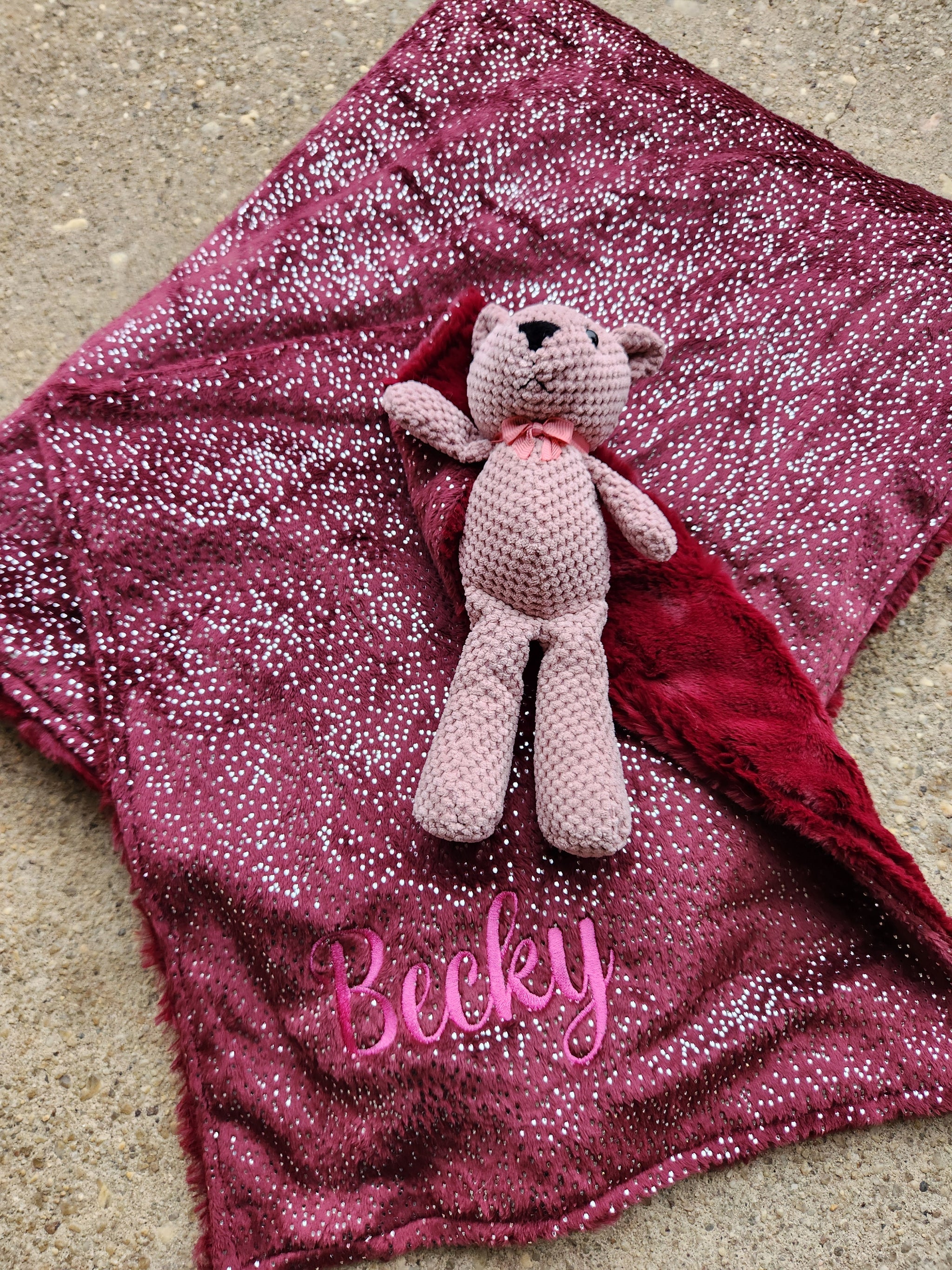 Glitter Minky Merlot & Luxe Burgundy Lovie with Mauve Teddy Bear